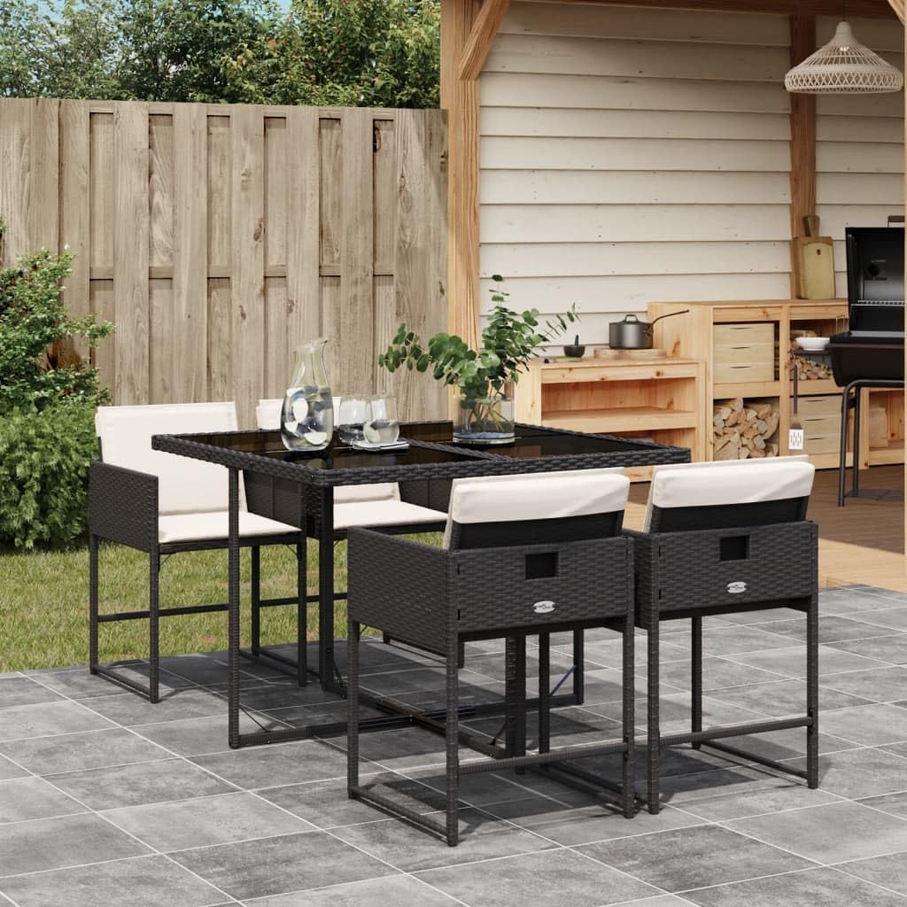 5 Piece Patio Dining Set with Cushions Black Poly Rattan Garden Furniture