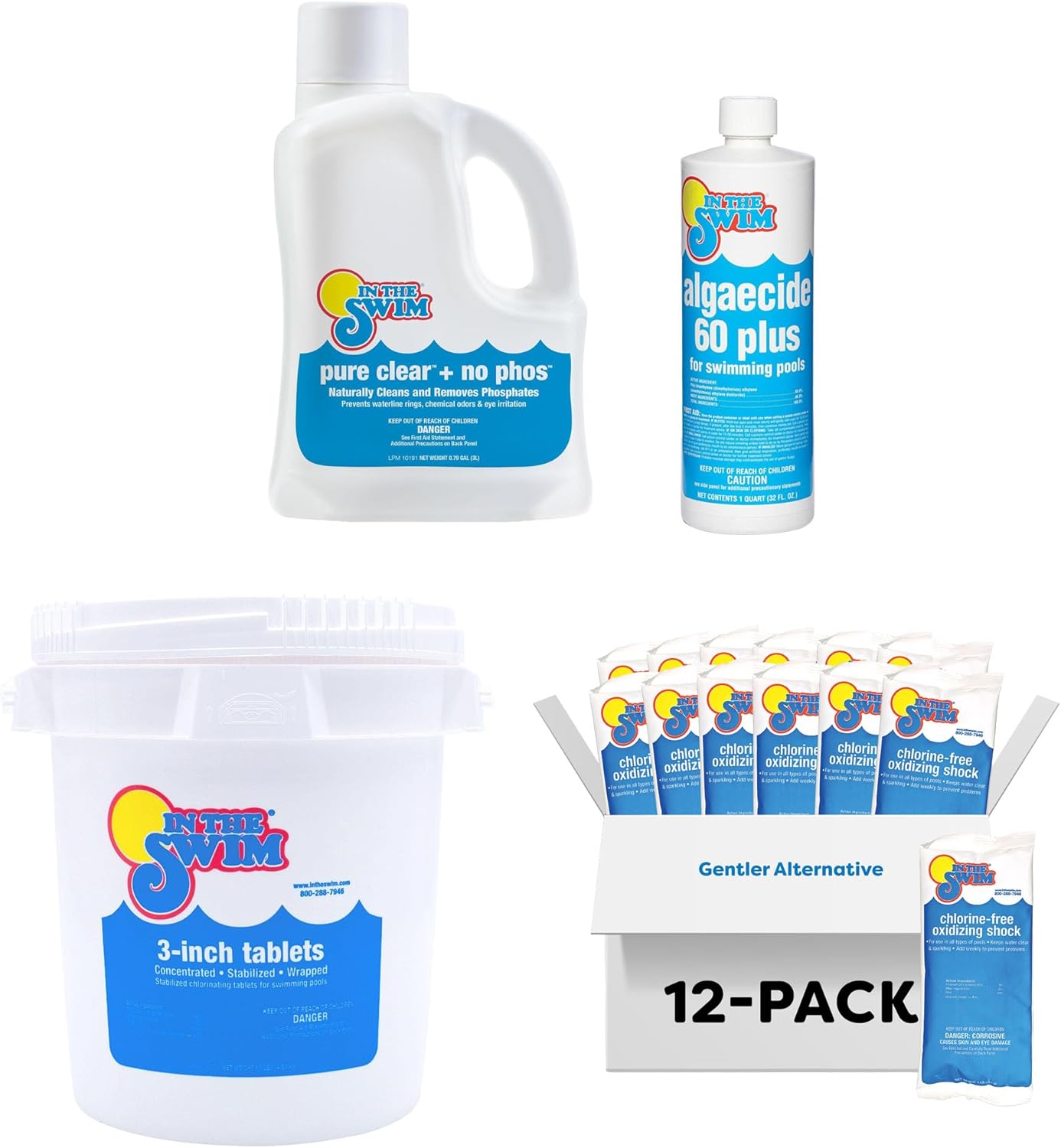 In The Swim Weekly Clear Pool Care Kit – Easy 4-Step Pool Cleaning Bundle with Chlorine Tabs, Algae Preventer, Shock & Clarifier – Keep Your Pool Sparkling - Basic
