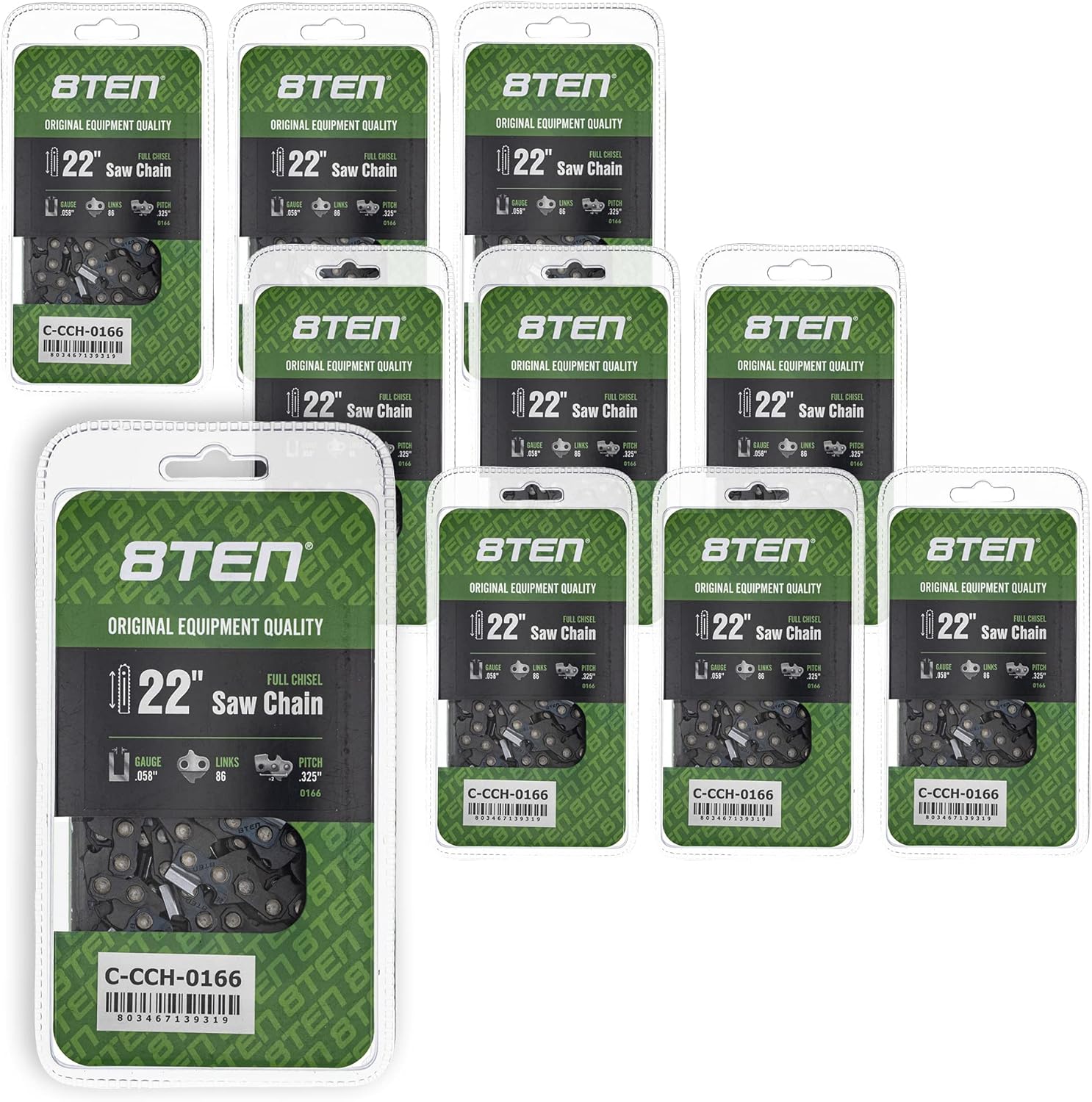 8TEN Full Chisel Chainsaw Chain 22 Inch .058 .325 86DL for Blue Max 20160 (10 Pack)