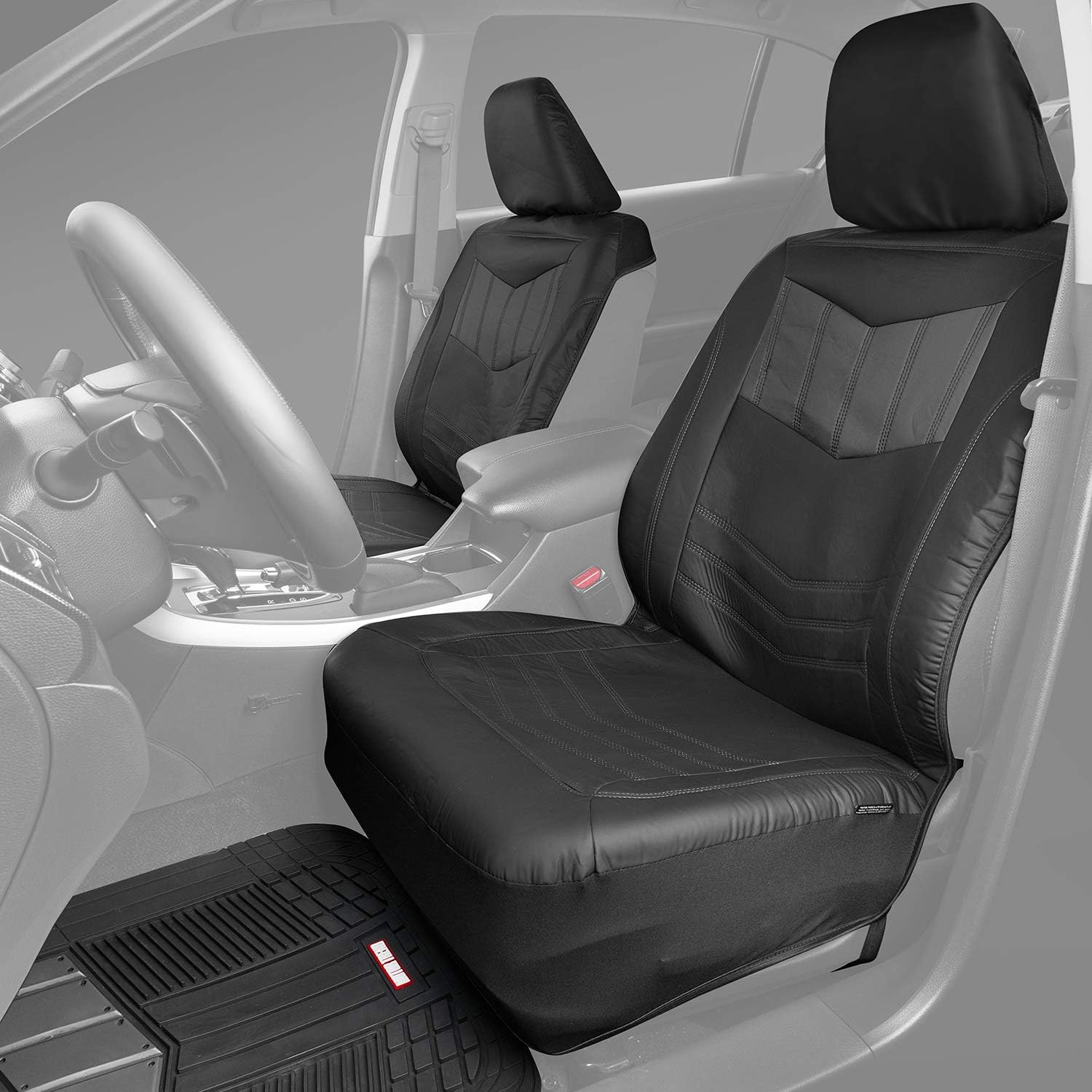 Motor Trend Supersport Faux Leather Front Car Seat Covers and Heavy Duty Floor Mats Set (Front + Rear), Universal Fit for Cars Trucks Vans SUVs - Easy to Install, Soft Comfortable Feel - Charcoal