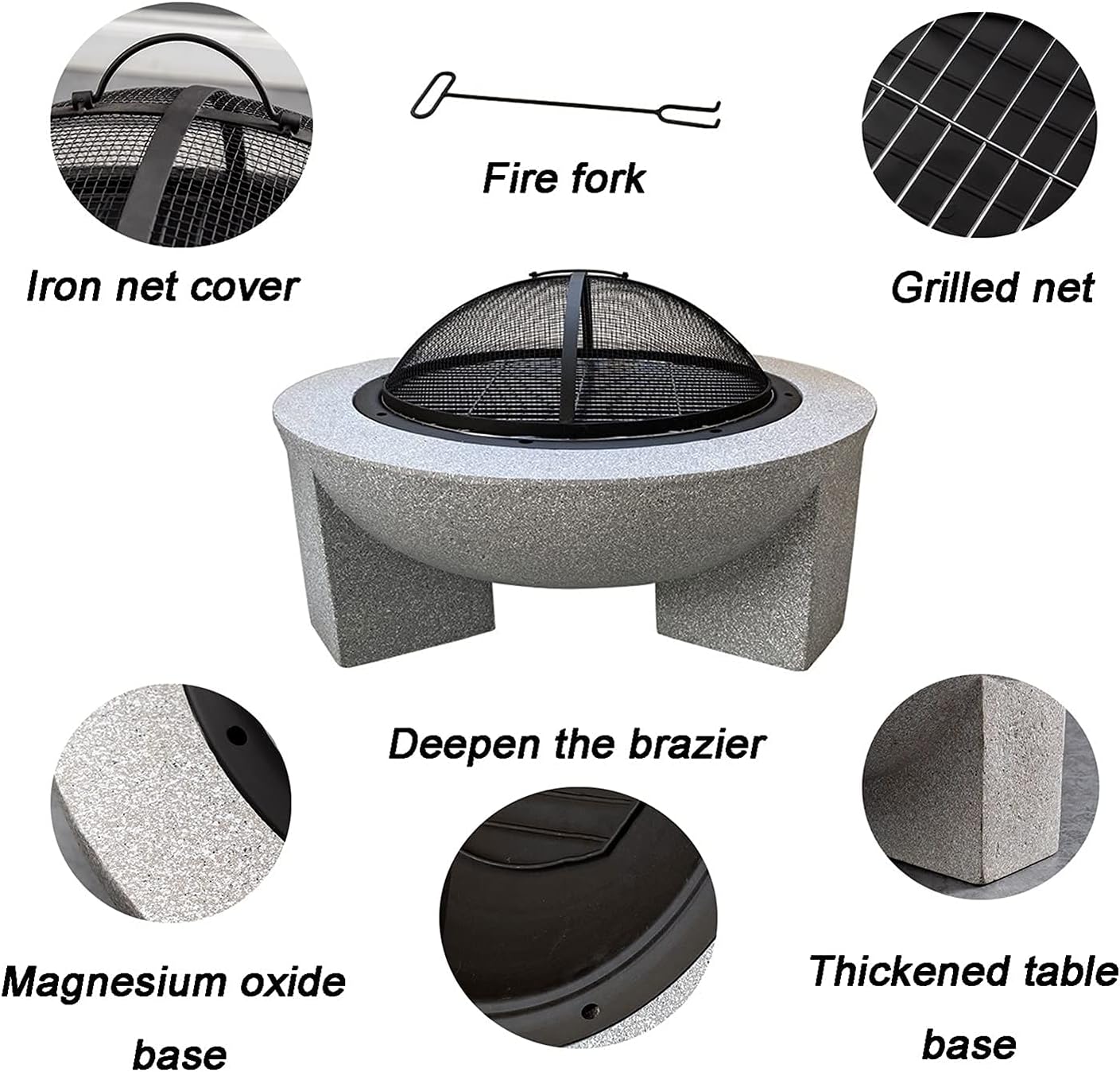 Large Fire Pit Bowl w/Handles & Retractable Barbecue Sign,Wood Burning Fire Pit