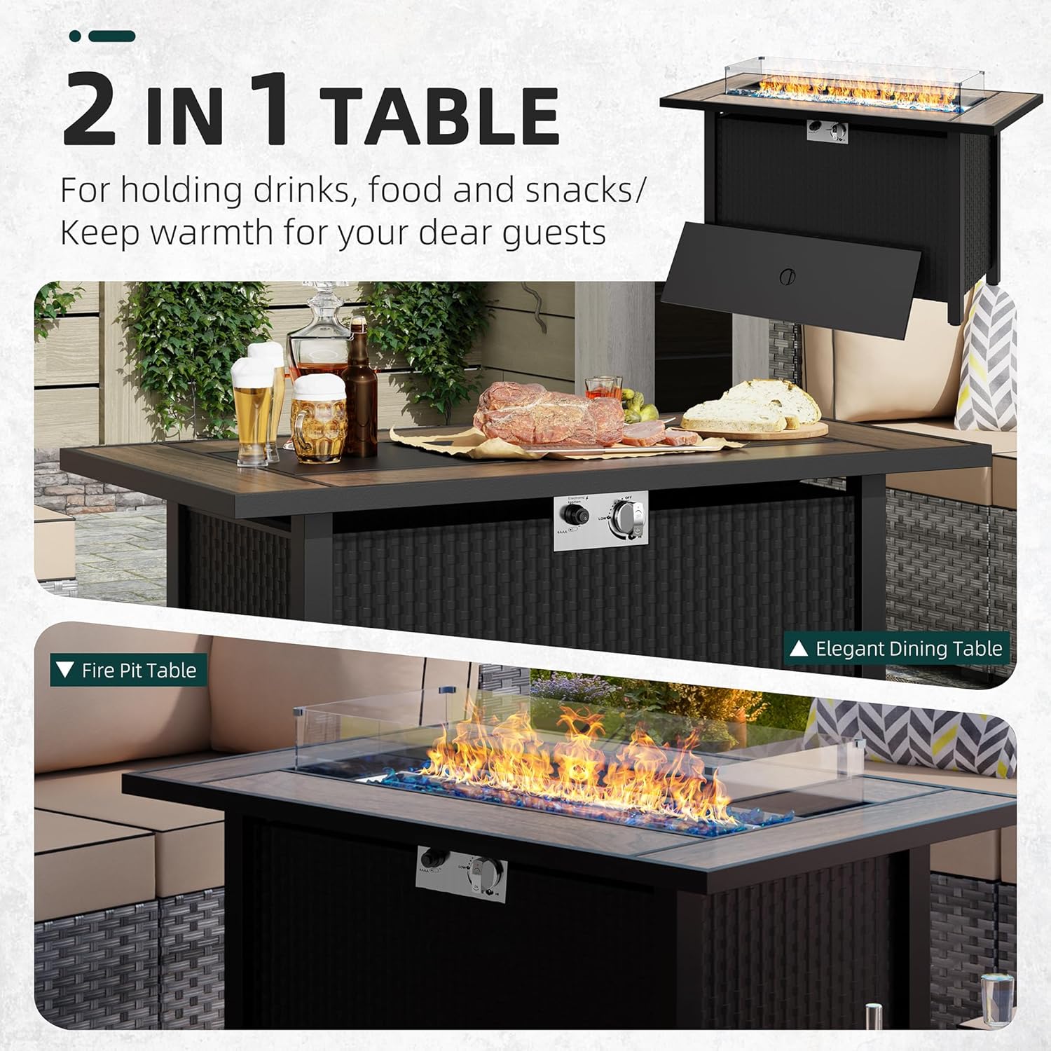 45 inch Gas Fire Pit Table, Patio Outdoor Propane Fire Pits with Removable Lid & Waterproof Cover, 50000 BTU with Lava Rock and Alumium Frame Tables for Patio Garden(Black)