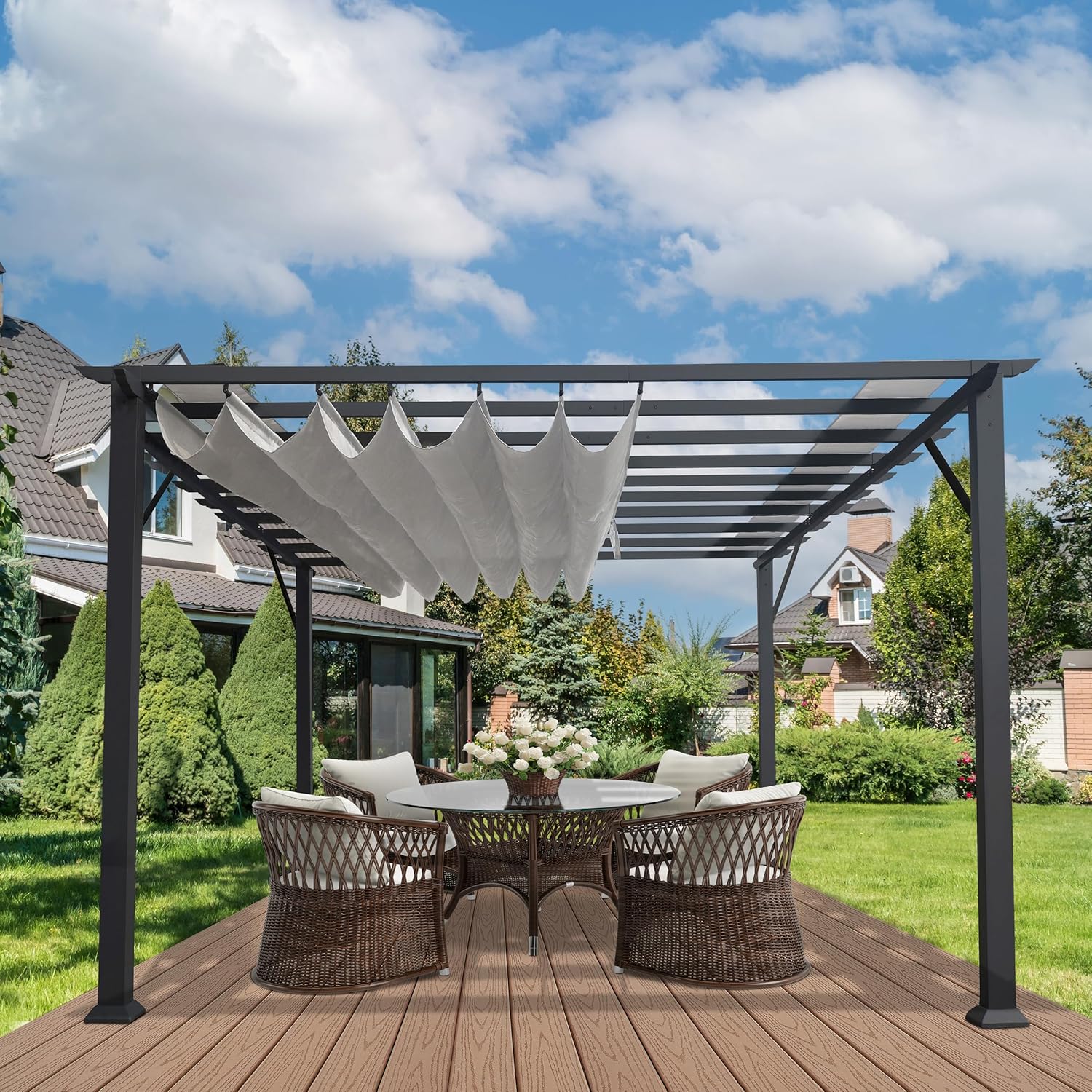 Paragon Outdoor 11’ x 11’ Florence Alumnum Pergola, Powder-Coated Aluminum Frame in Grayin Finish with Retractable Canopy in Gray for Backyard, Patio, Porch, Garden