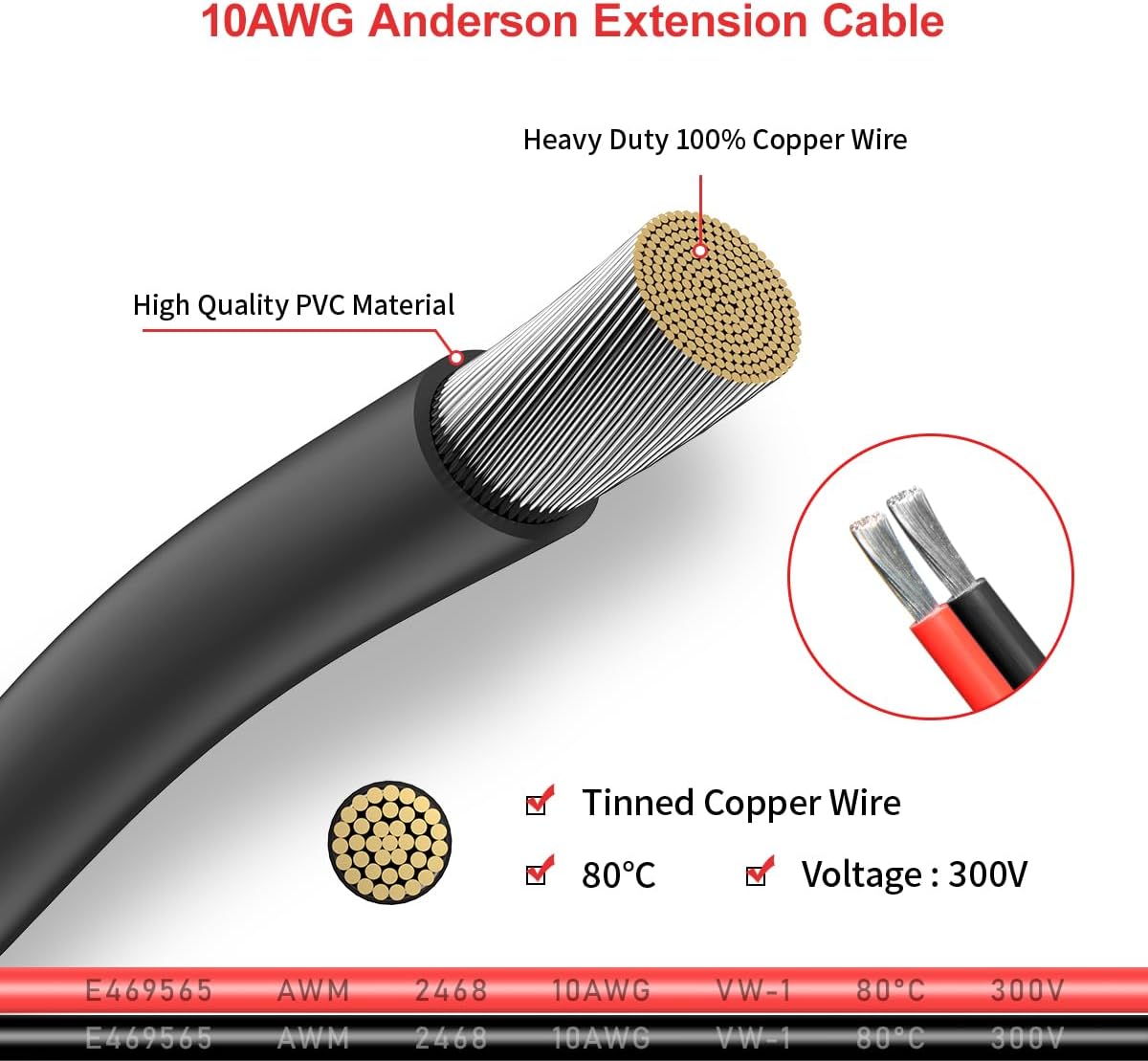 10AWG 50FT Anderson Extension Cable 2 6 10 20 35 50 75 100FT Solar Extension Cable Anderson Connector for Portable Power Station Solar Generator Solar Panel (50FT)