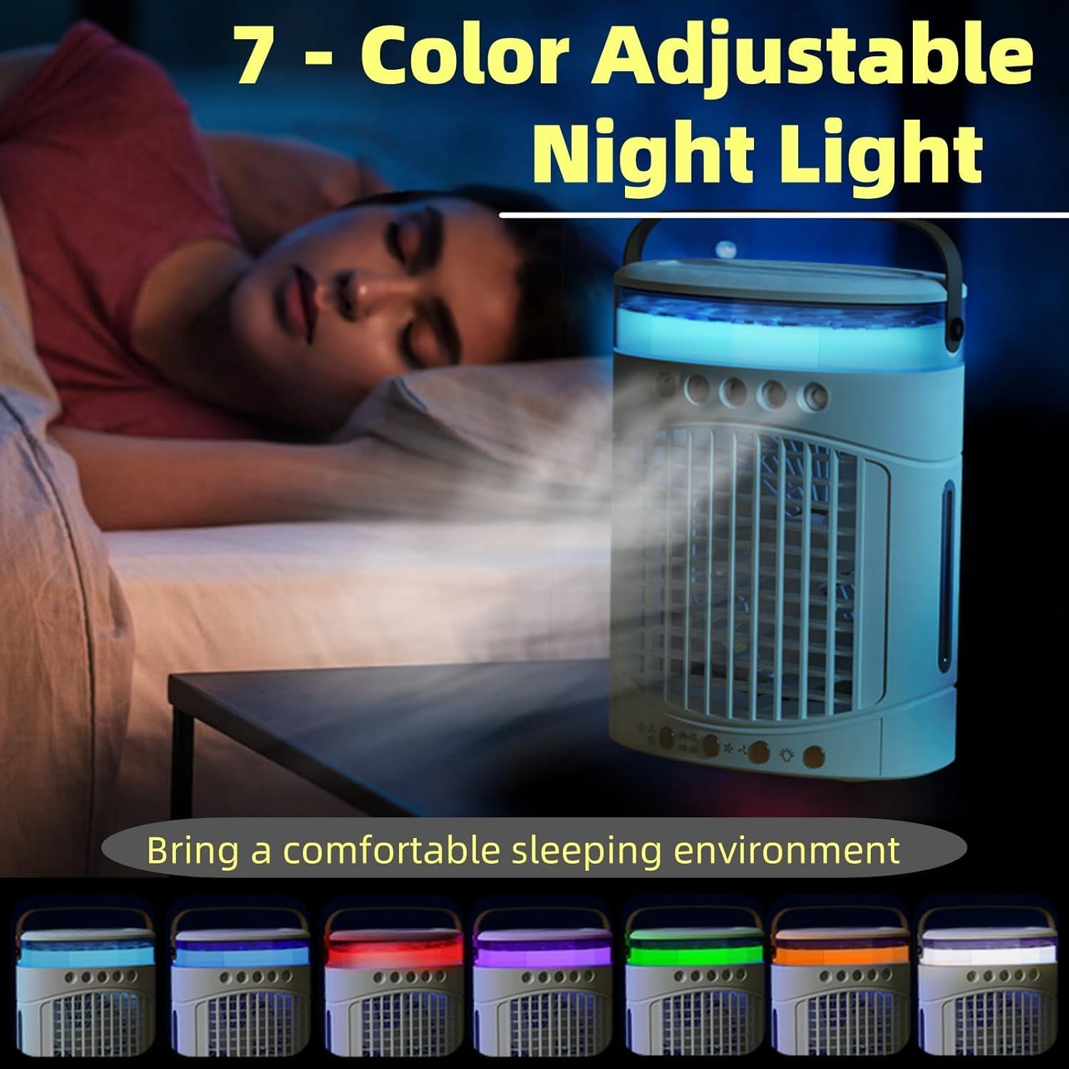 Portable Air Conditioners Fan, USB Personal Mini Air Conditioner 2 Speed 3 Mist 7 Night Light 8H Timer, 0.6L Water Tank Evaporative Air Cooler for Room, Bedroom, Office, and More (Black) (White)