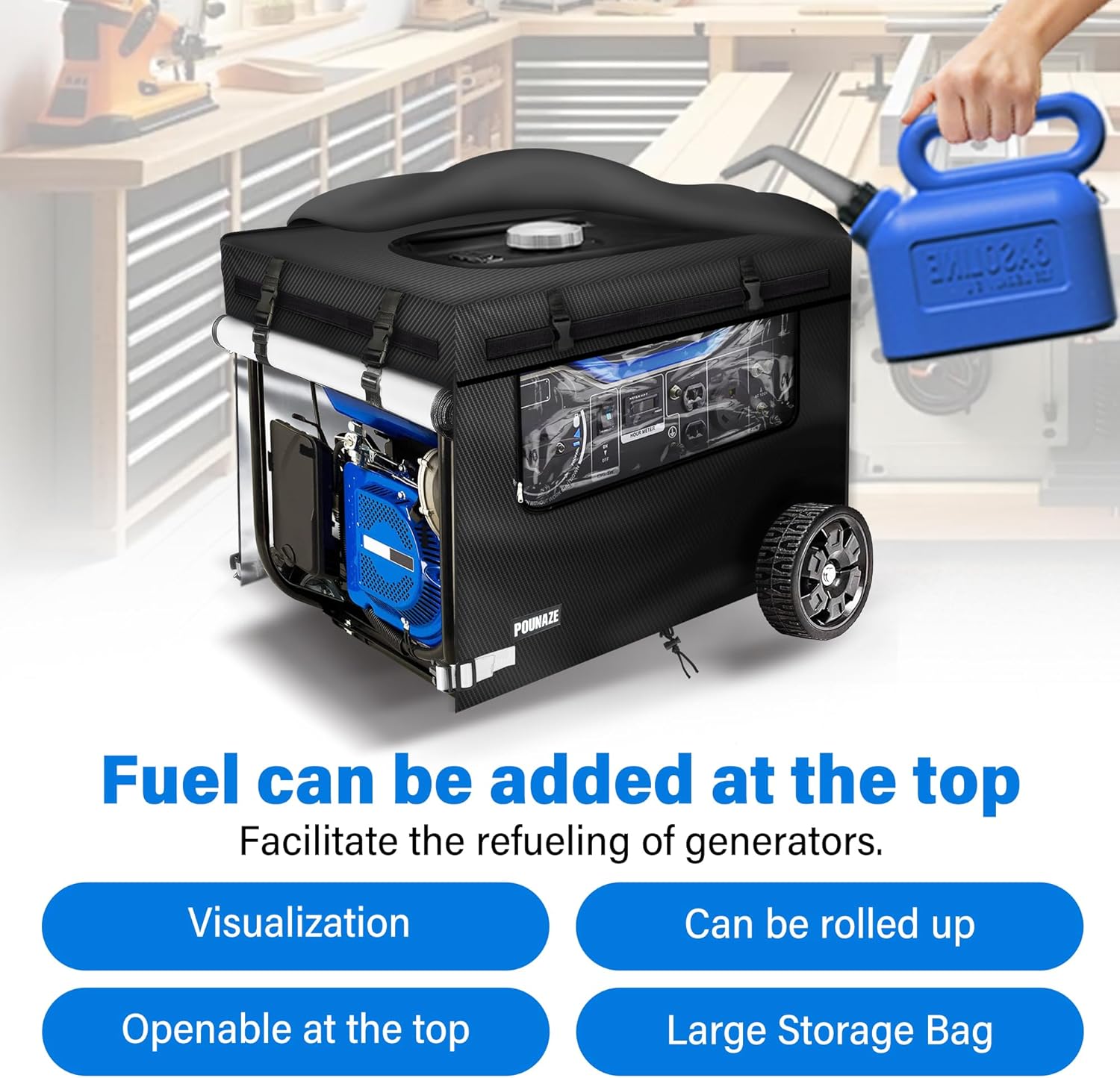 Running Generator Covers. Generator Cover Measures 38''L×28''W×27''H. Double-layer Fabric. Side Access to Control Panel and Top Access to Add Fuel. Fits Most 5,000-15000 Watt Generators, Black.