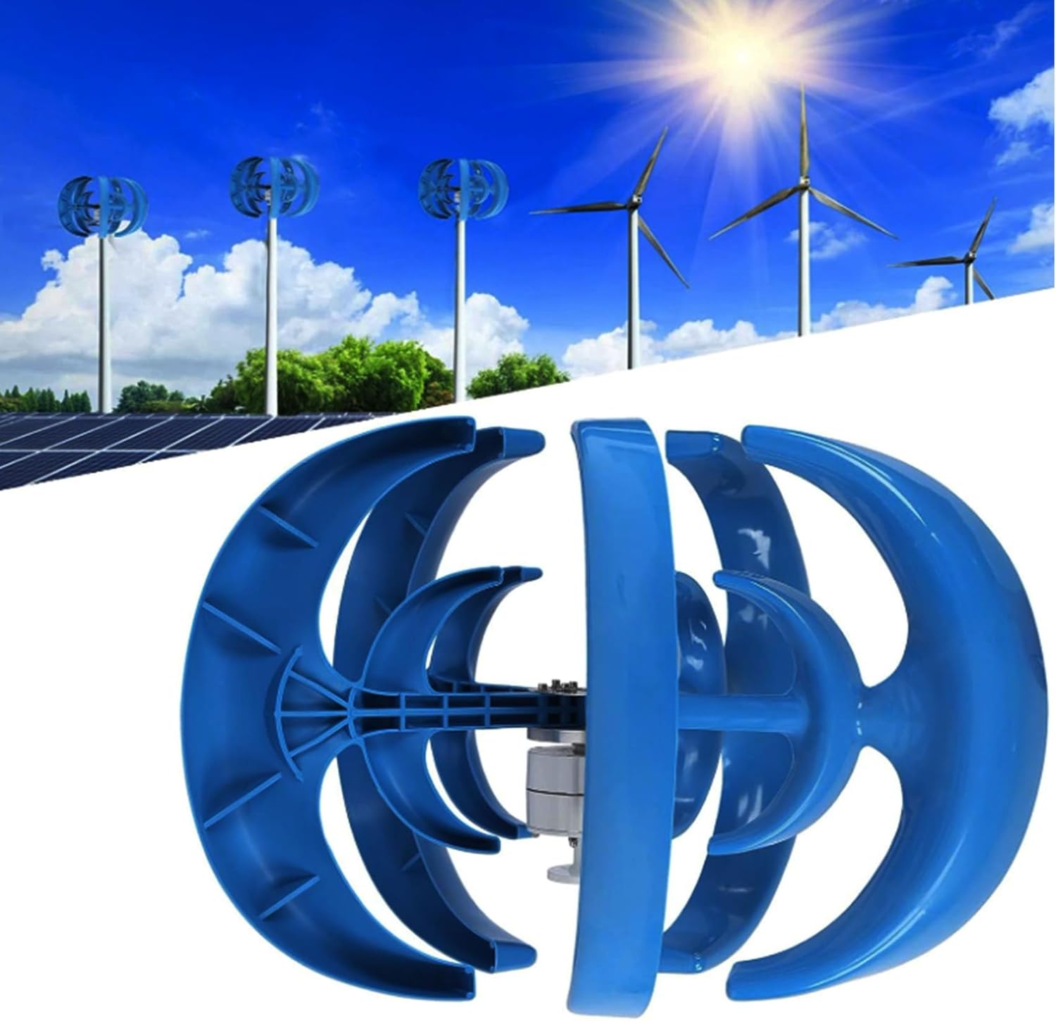 3000W 12V/24V 5-Blade Vertical axis Wind Turbine Generator with MPPT Controller, Three-Phase Permanent Magnet Motor kit, Blue Power Production Equipment for Home, 48V