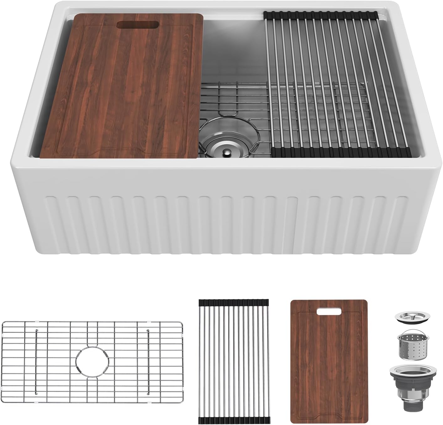 30 Inch Workstation Farmhouse Sink, White Fireclay Apron Front Kitchen Sink, Rectangular Undermount Sinks, Deep Deep Drop-in Single Bowl Reversible Sinks with Accessories