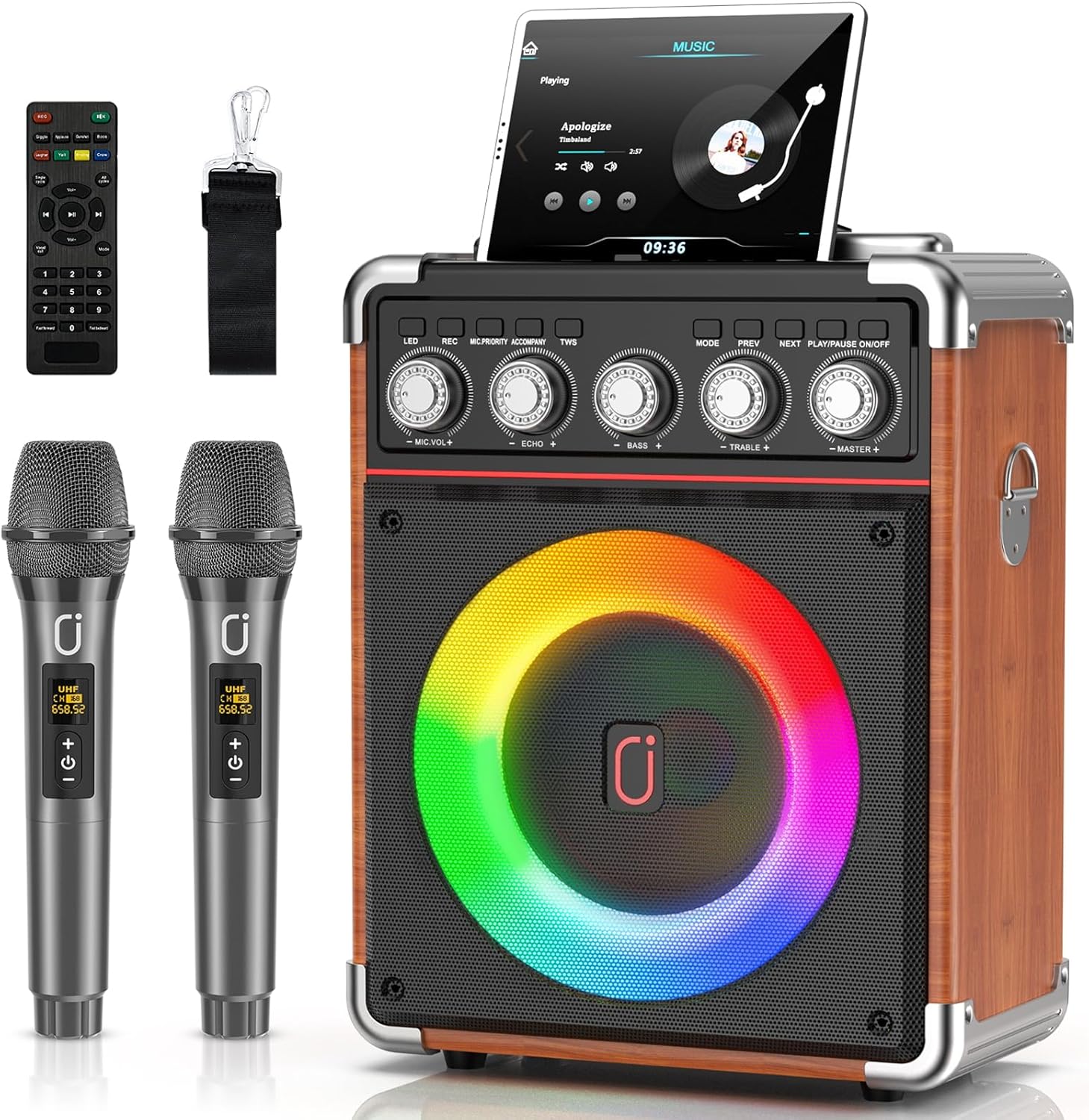 Karaoke Machine with 2 Microphones: HWWR Portable Karaoke Machine for Adults Kids Gifts, Party Bluetooth Speaker with Bass/Treble PA System with Remoter DJ Lights Support TV/REC/USB/AUX/TF (100W WOOD)