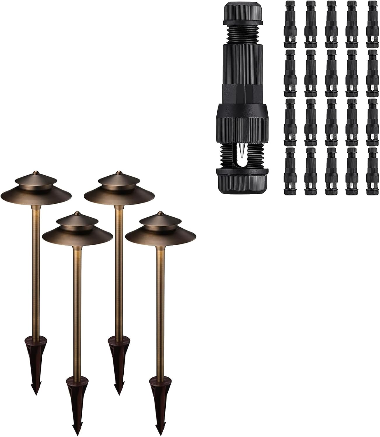 LEONLITE Pathway Lights Bundle Wire Connectors, 4-Pack Stratum 12V Cast Brass 2-Tier Path Light, Work with G4 Bulb, (Not Included), IP65 & 20-Pack Fastlock Wire Connectors for Landscape Lighting