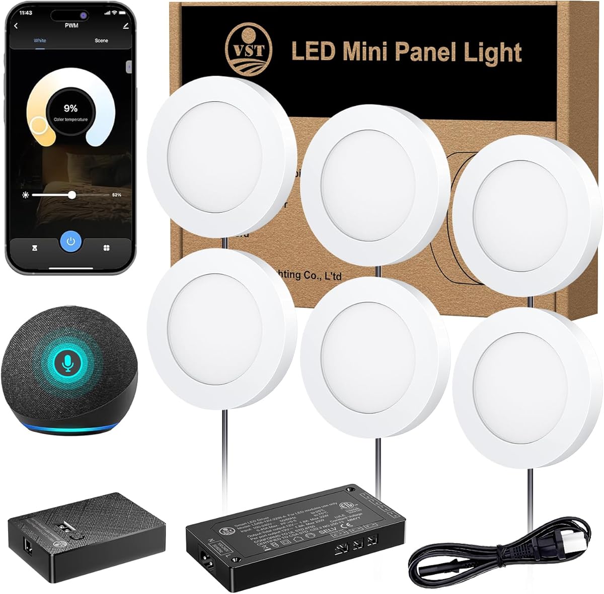VST Smart Under Cabinet Lighting Work with Alexa Google Home Assistant App Remote Control, Recessed or Surface Mount 12V 2W/pc Puck Light for Kitchen Under Counter, Display Case, 6 Pack 3000K~6000K.