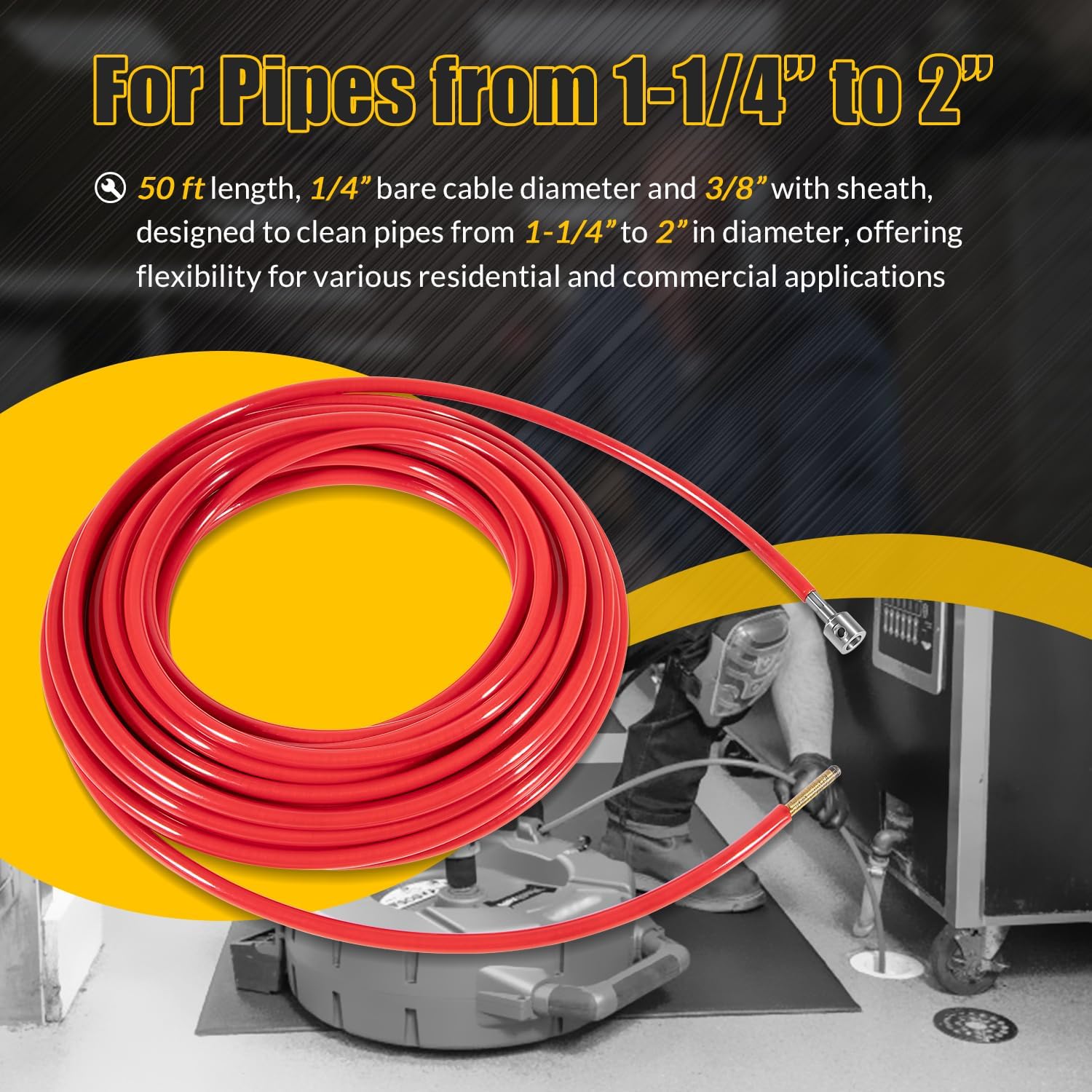 Replacement for FlexShaft Cable Assembly 64343 K9-102, 1/4” x 50 ft with Sheath and Couplings, Compatible with RIDGID K9-102 Drain Cleaning Machine for 1-1/4” to 2” Pipes