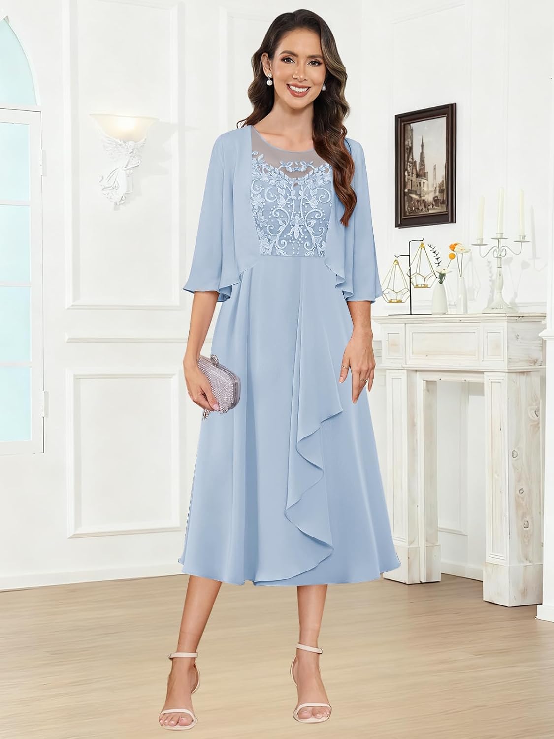 2 Piece Mother of The Bride Dresses Tea Length Chiffon Formal Mother of The Groom Dress with Jacket