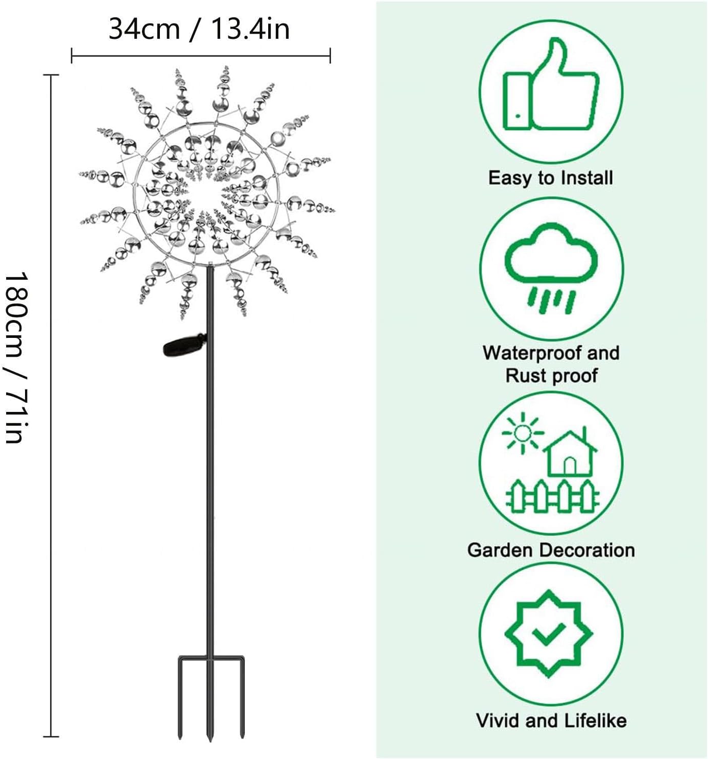 Solar Magic Windmill, Wind Spinner Outdoor 3D Wind Powered, 13.4 x 71in Garden Spinner,Gold