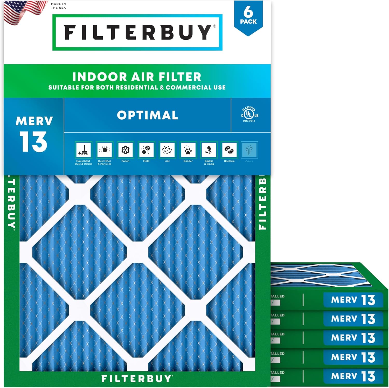Filterbuy 30x36x1 Air Filter MERV 13 Optimal Smoke & Allergy Defense (6-Pack), Electrostatic Pleated HVAC AC Furnace Filters Replacement, Made in USA (Actual Size: 29.81 x 35.81 x 0.75)