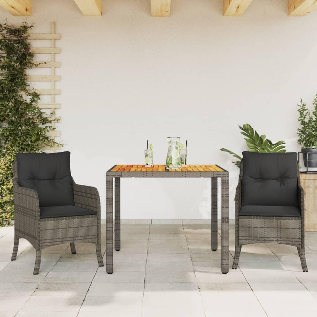 3 Piece Patio Dining Set with Cushions Gray Poly Rattan Garden Furniture