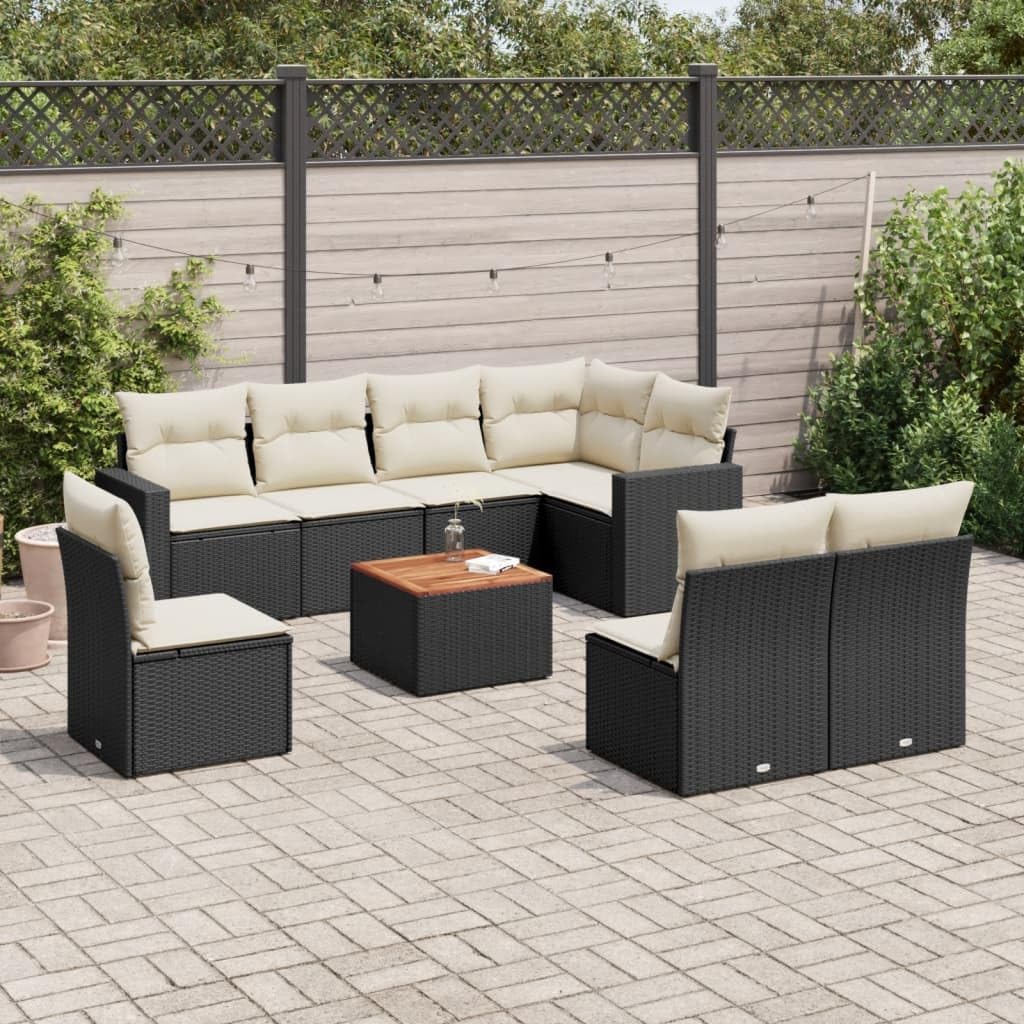 Garden Sofa Set Black PE Rattan, Large Outdoor Patio Furniture with Removable Covers, Modular Seating for 9 People, Weatherproof Steel Frame