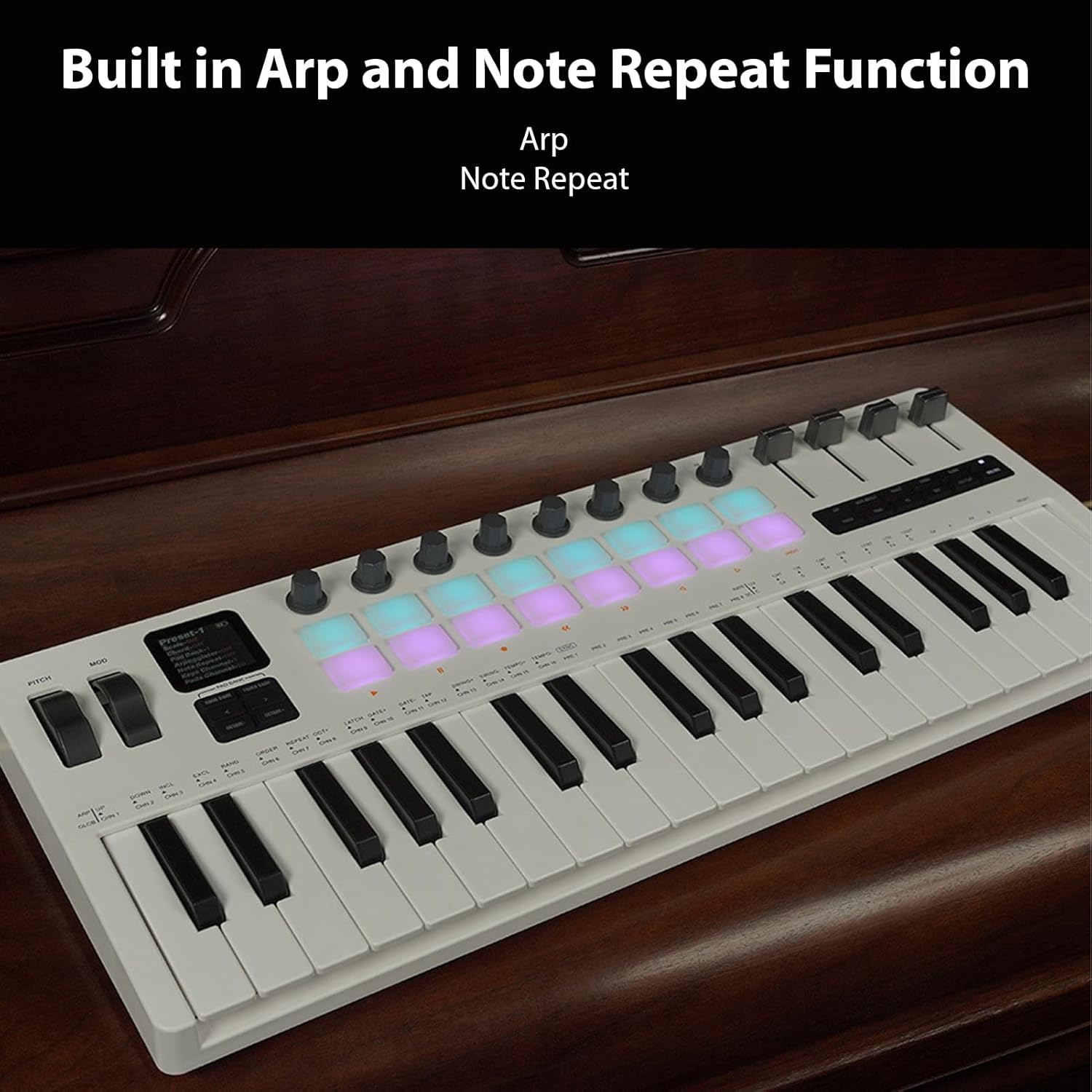 37-Key MIDI Keyboard Controller Music Production Controller MIDI Piano Keyboard Drum Pads with 16 RGB Drum Pads 8 Knobs 4 Faders Synthesizer Engine for Music Production