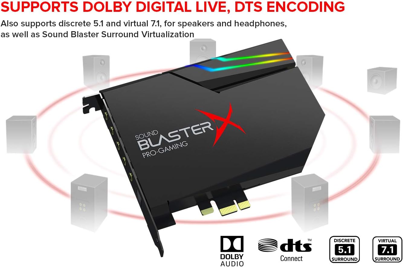Creative Sound BlasterX AE-5 Plus SABRE32-class Hi-res 32-bit/384 kHz PCIe Gaming Sound Card and DAC with Dolby Digital and DTS, Xamp Discrete Headphone Bi-amp, Up to 122dB SNR, RGB Lighting System
