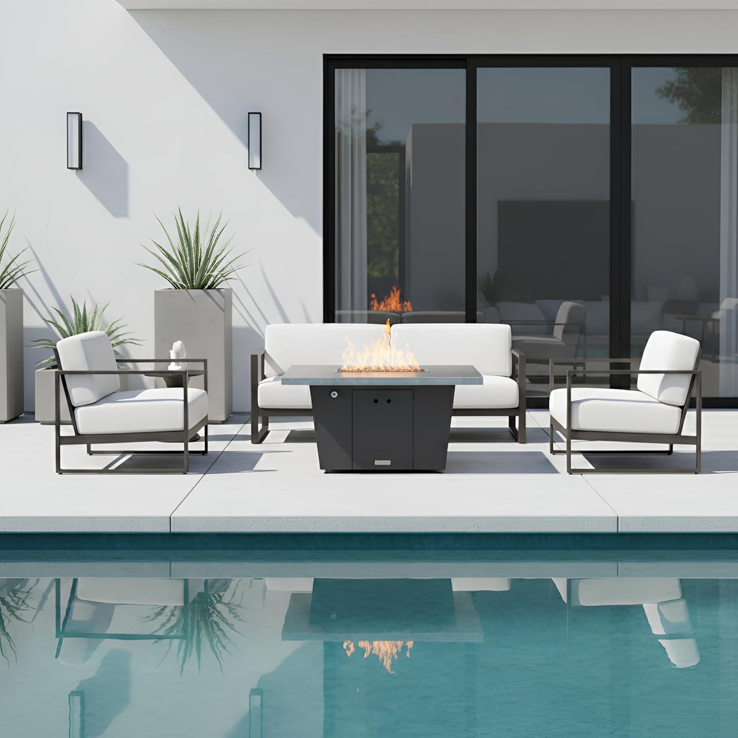 COOKE Palisades Rectangular Fire Pit Table - 44x36 - Chat Height - Natural Gas - Brushed Aluminum Top with 3cm Edge - Grey Texture Powdercoat Base