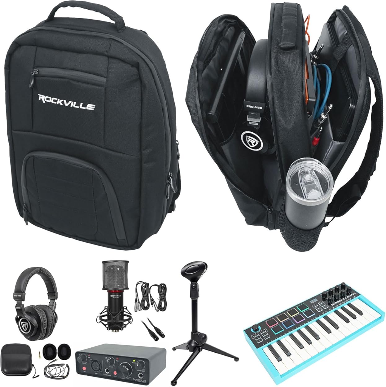 Rockville Bundle: M25 25 Key USB Wireless MIDI Keyboard Controller Bundle with R-TRACK Audio Interface+PRO-M50 Studio Headphones+DJBP24 Backpack+RDTS Stand+RCXFM6P-B Cable+RCM SR Microphone (7 Items)
