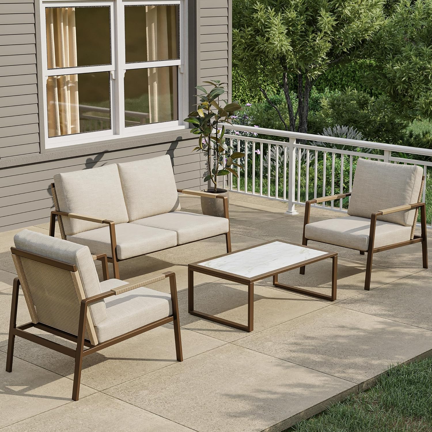 East Oak 4-Piece Outdoor Patio Furniture Set, Patio Conversation Sets with Thick Cushions,Waterproof Outside Seating Furniture with Rattan Armrests, Loveseat and Coffee Table for Backyard, Apricot