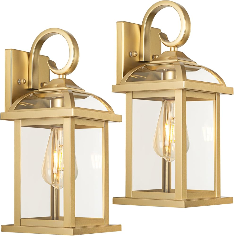 Gold Outdoor Wall Lights 2-Pack 15 Inch, Aluminum Anti-Rust Large Exterior Porch Wall Lanterns with IP65 Waterproof Clear Glass Brass Outdoor Lights Wall Mount Exterior Lights for House