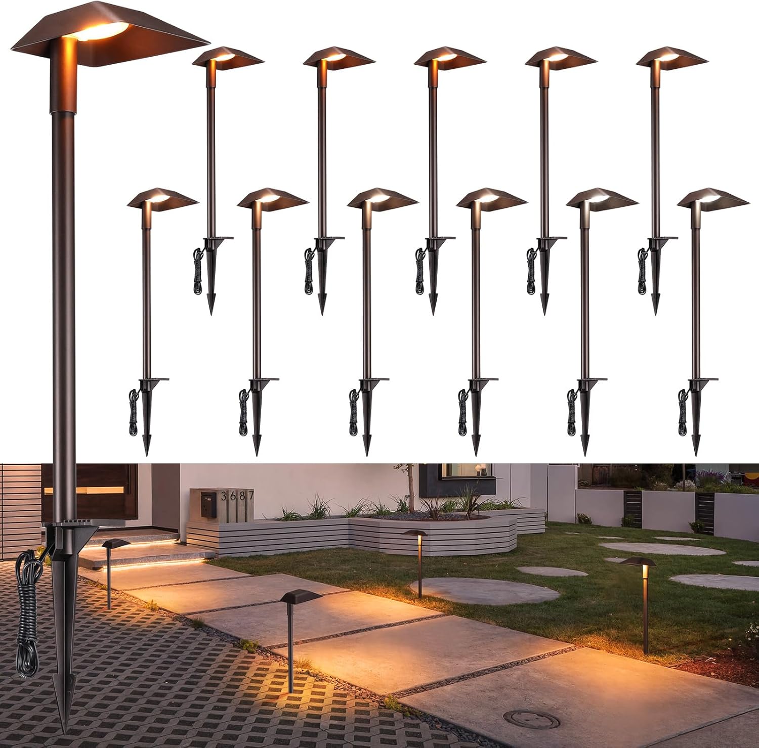LEONLITE 12 Pack 5CCT Low Voltage Landscape Lights, 5W Anti-Glare LED Pathway Lights, Aluminum Housing, IP65 Waterproof for Outdoor Path Sidewalk Walkway Yard, 1800K/2700K/3000K/4000K/5000K, ETL