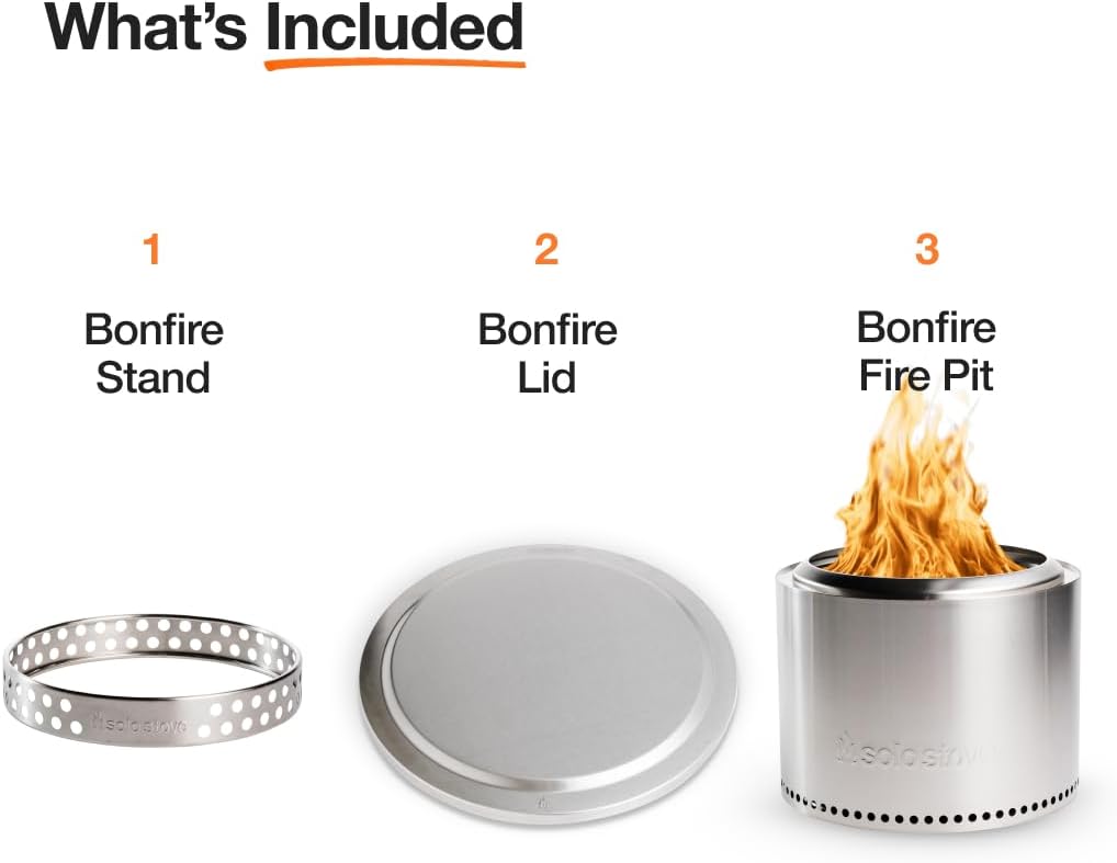 Solo Stove Bonfire Essential Bundle | Smokeless Fire Pit with Stand & Lid, Ideal for 4–6 People | Portable Wood Burning, Removable Ash Pan, Stainless Steel, 16.75