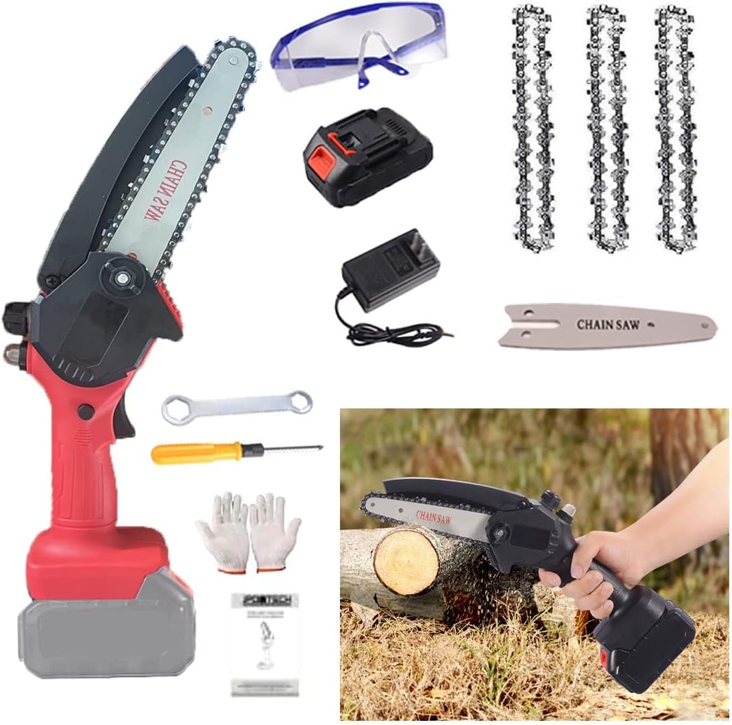 24V 6 Inch Cordless Battery Powered Chain Saw,Mini Chainsaw,Electric Chainsaw, Handheld Mini Chainsaw forcutting Pruning and Gardening and one-Hand Chainsaw (Color : Red, Battery *1 : 3*Chain)