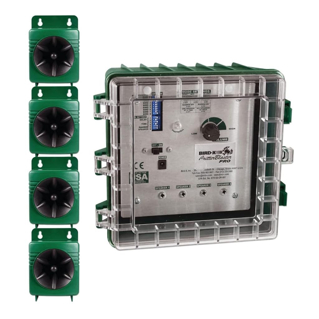 Bird-X Critter Blaster PRO, Sonic Animals and Birds Decoy Device, Control Panel with 4 Speakers, Emits 8 Digitally Recorded Sounds, Easy to Install, Covers 6 Acres, 2–10 kHz Frequency