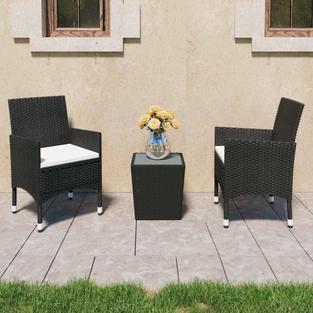3 Piece Bistro Set Poly Rattan and Tempered Glass Black,3Piece Patio Bistro Set: Stylish and Durable Outdoor Furniture for Small Spaces Patio Furniture, Outdoor Furniture Sets