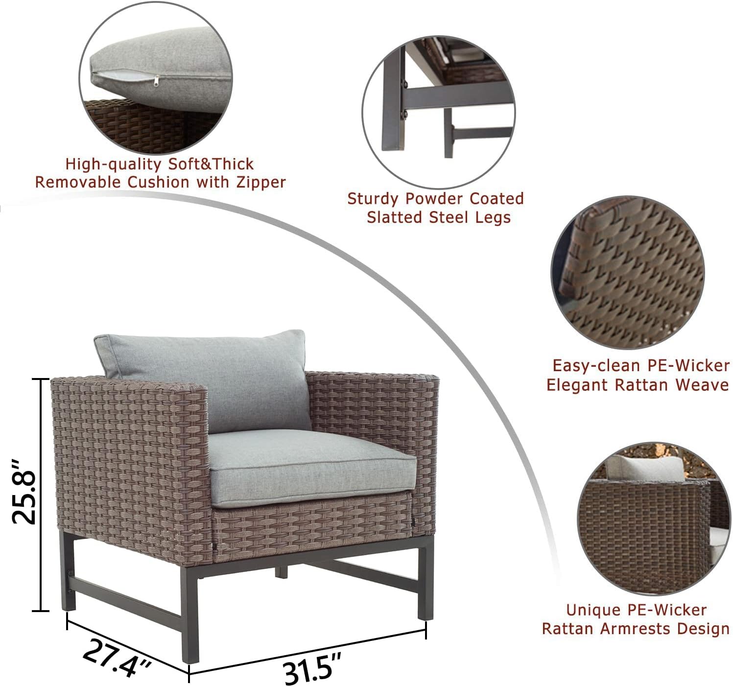 5 Pcs Outdoor Fire Propane Pit Conversation Set, 4 Patio Dining X Wicker Armchair Chairs with Cushions Metal Frame and 34 inch 50000 BTU Auto-Ignition Square Propane Gas Fire Pit Table