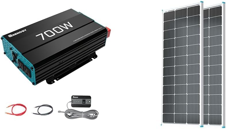 Renogy 700W Pure Sine Wave Inverter 12V DC to 120V AC Converter for Home, RV, Truck & 2PCS Solar Panels 100 Watt 12 Volt, High-Efficiency Monocrystalline PV Module Power Charger