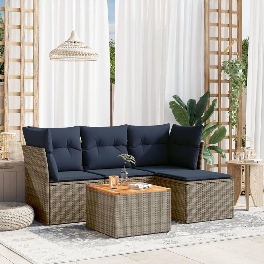 5 Piece Patio Sofa Set, Gray Poly Rattan Outdoor Furniture with Cushions, Modular Design for Backyard, Balcony, Terrace