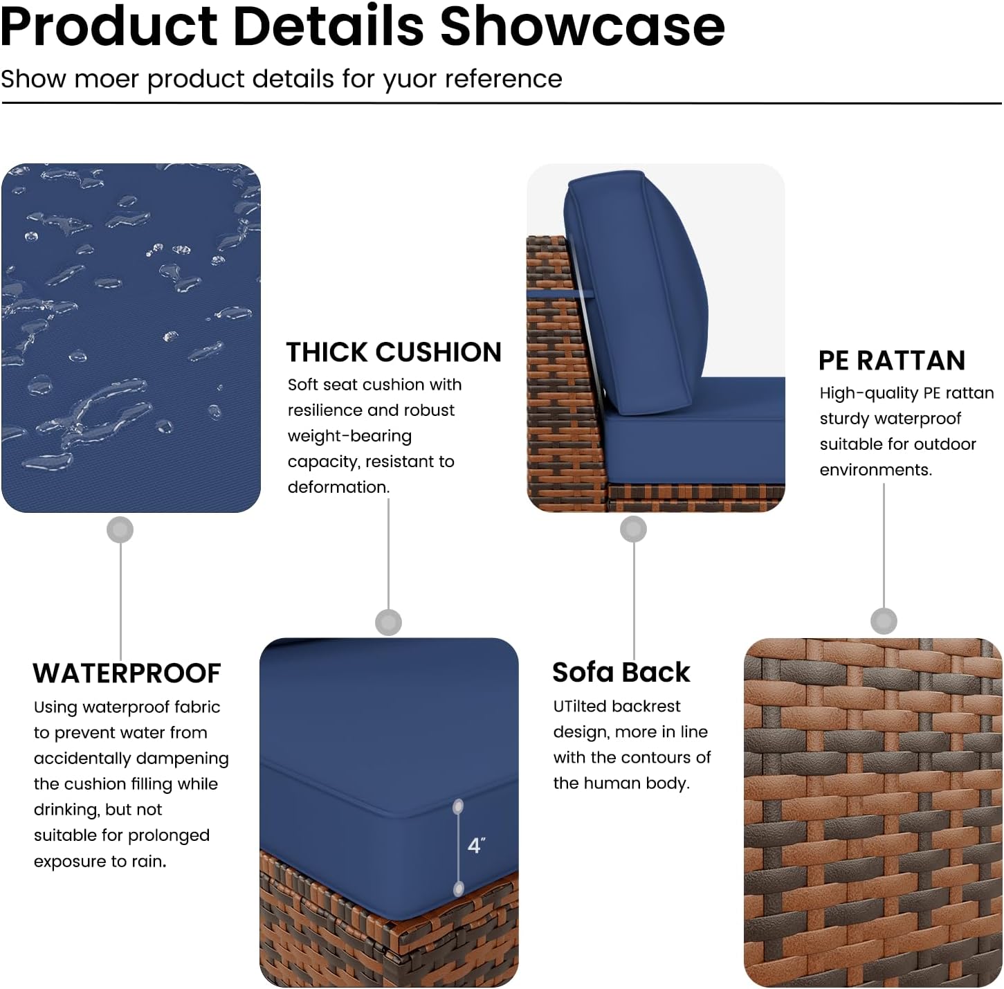 Amopatio 14 Pieces Patio Furniture Set, Outdoor Furniture Sectional Rattan Sofa with Slanted Back, Patio Couch with Glass Coffee Table for Backyard Garden Navy Blue (2 Waterproof Cover)