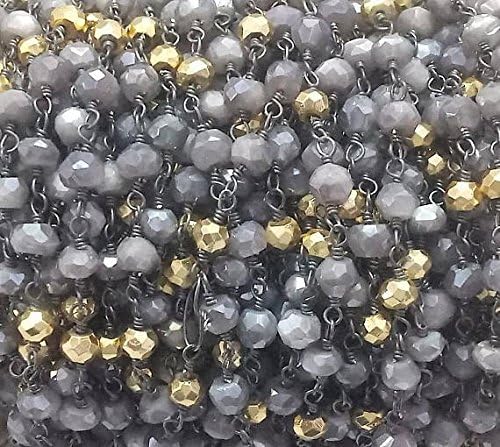 10 Feet Peach Moonstone Coated & Gold Pyrite Beaded Chain - Oxidized Over Sterling Silver Wire or Oxidized Wire Wrapped Chain - Beads 3-4mm