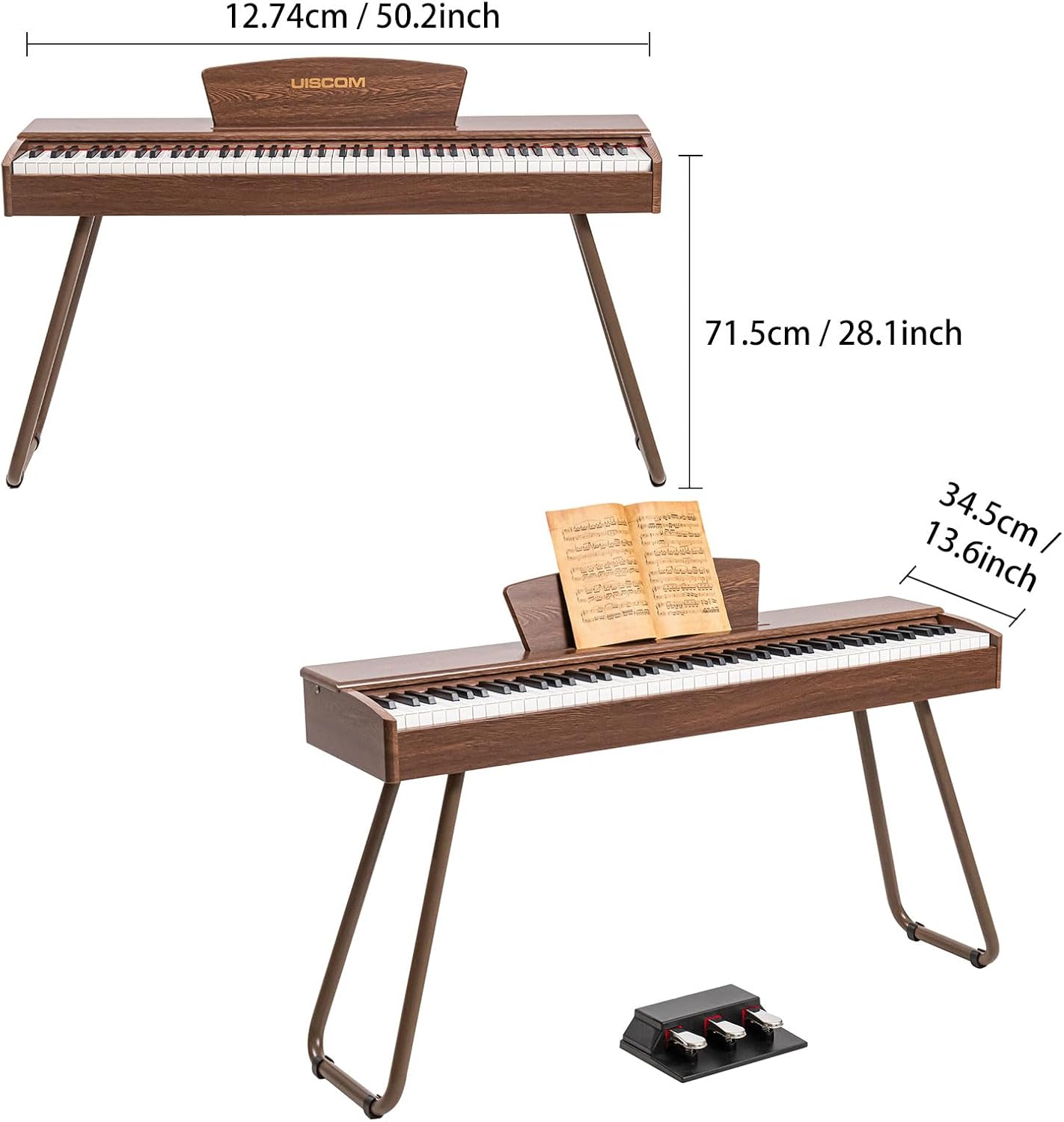 88-Key Weighted Keyboard Digital Piano in Walnut Wood Color - Electric Piano Perfect for Beginners, Includes Sheet Music Stand, Triple Pedal, Power Adapter, and USB-MIDI Support