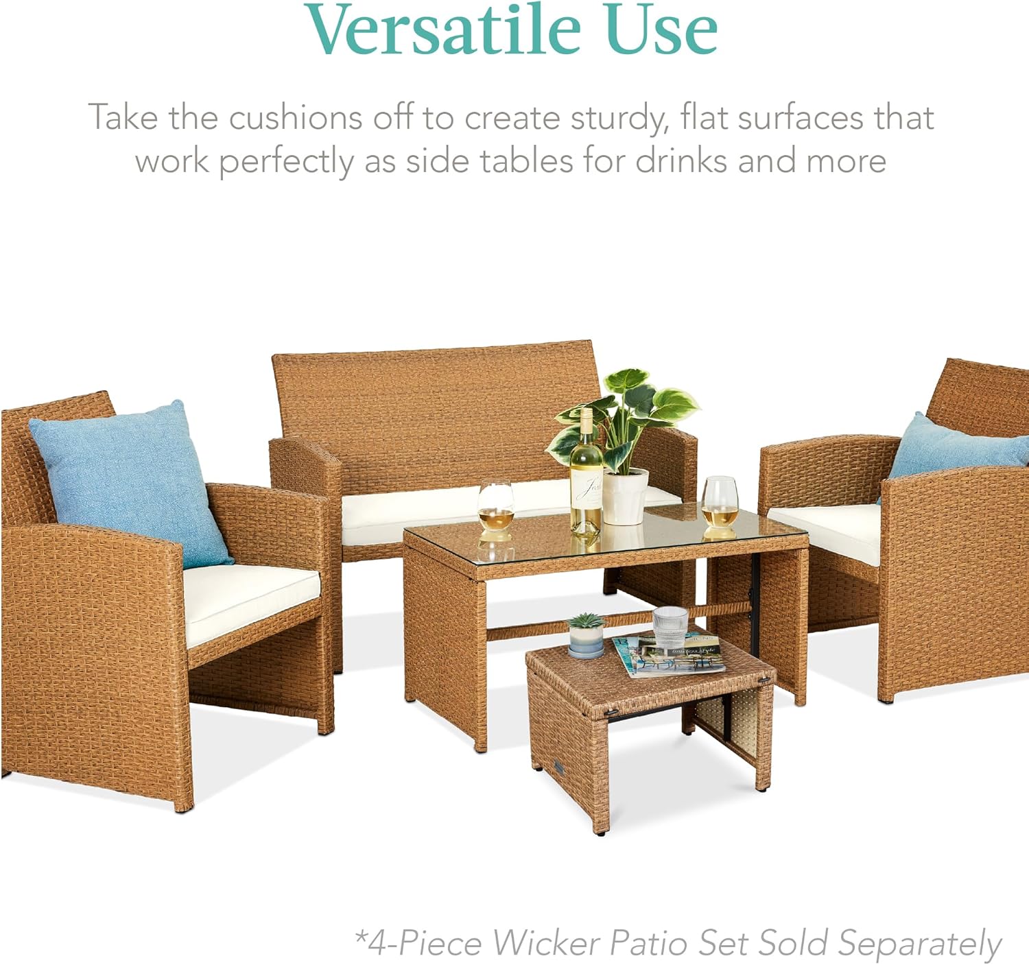 Best Choice Products Set of 2 Wicker Ottomans, Multipurpose Outdoor Furniture for Patio, Backyard, Additional Seating, Footrest, Side Table w/Removable Cushions, Steel Frame - Ivory/Natural