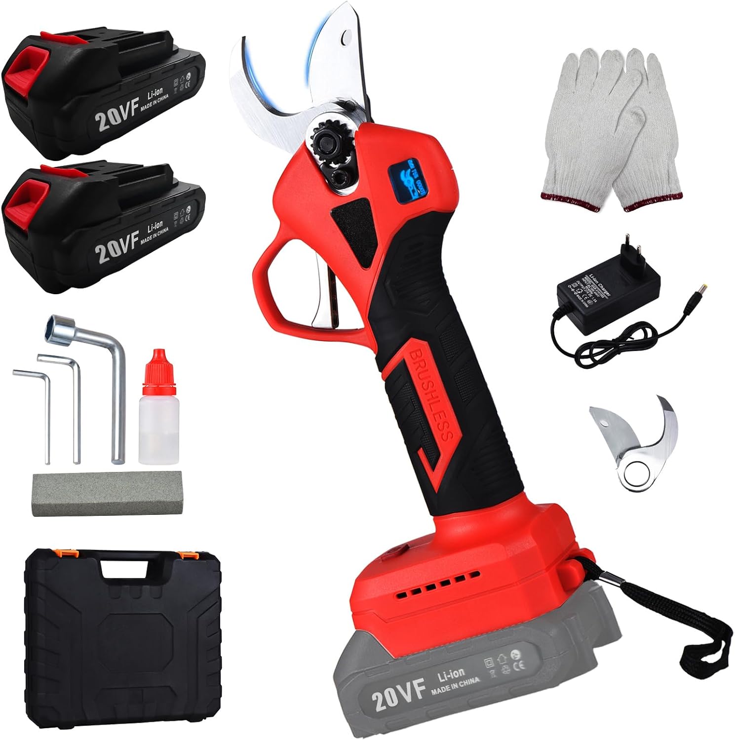 Electric Pruning Shears, Garden Pruner with 2 Rechargeable Battery, Replacement Steel Blade Gloves, Heavy Duty Gardening Bypass Branch Rose, Cordless 48V Power Tree Triming, 30mm 1.2