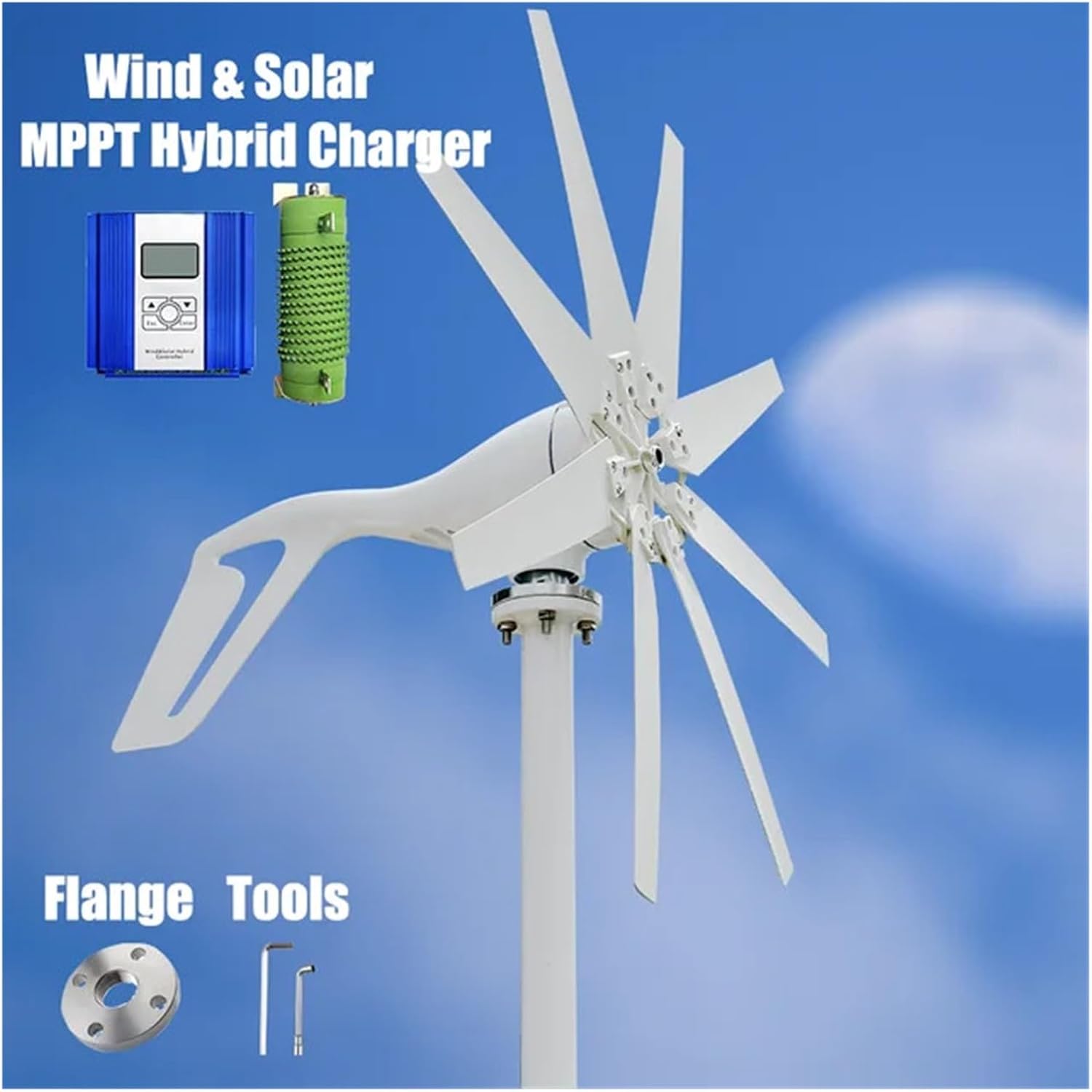 High Efficiency 2000W Horizontal Axis Wind Turbine Windmill 12V 24V 48V Free Energy Permanent Magnet Generator Home Appliance Low Starting Speed for Home(with Hybrid Charger,24V)