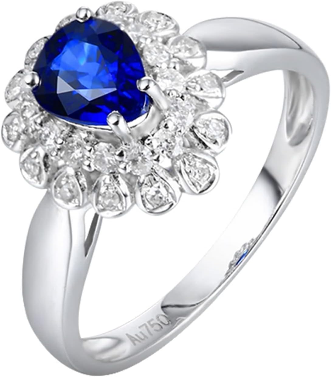 Engagement Rings for Women Flower, Wedding Ring Lab Created Sapphire Band 18K White Gold with Moissanite Birthday Gift for Her