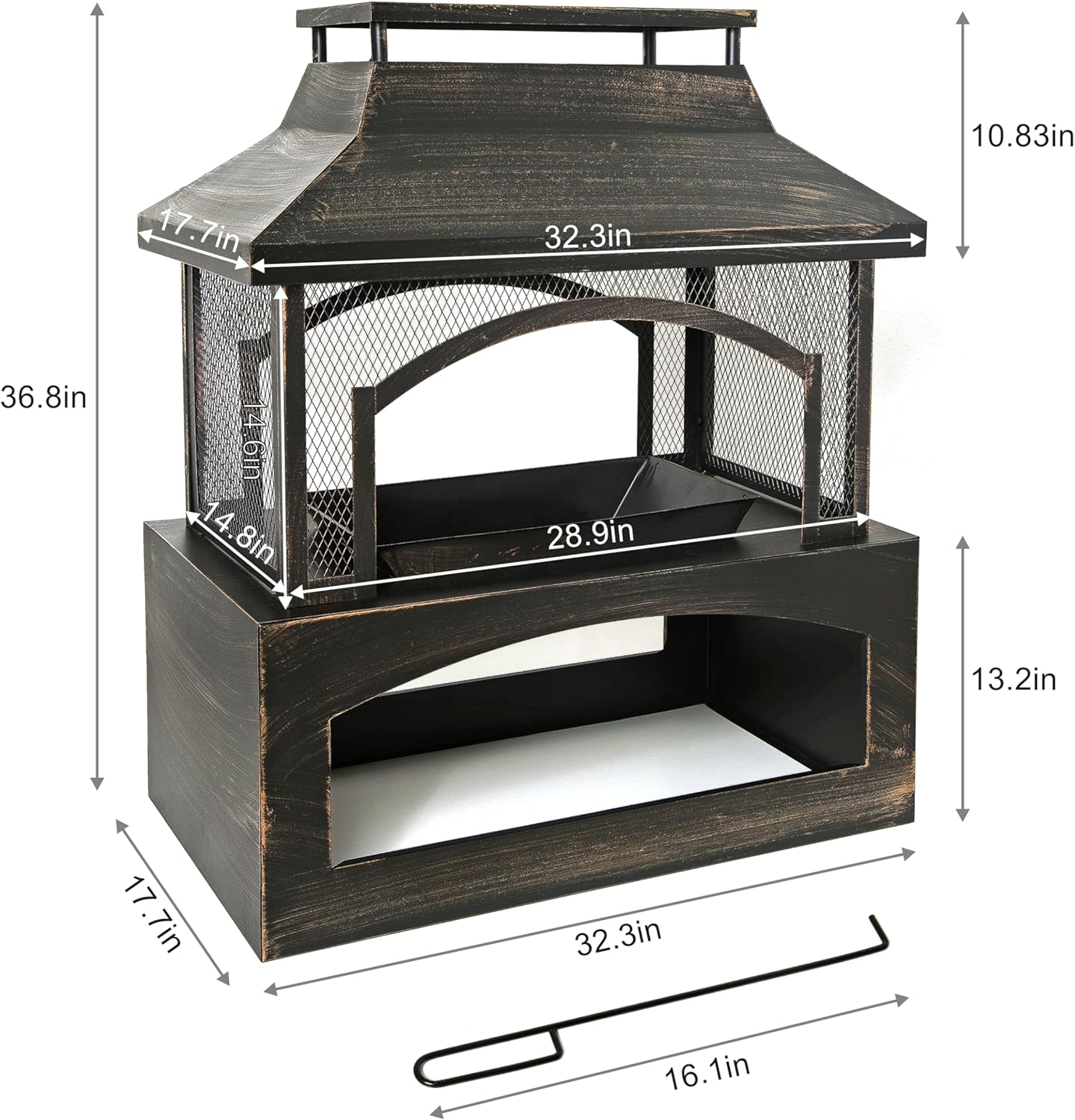 Outdoor Wood Burning Fireplace, Black Steel, 32.3x17.7x36.8 Inch, with Log Storage, Mesh Screen, Chimney Design, Fire Pit for Patio, Backyard