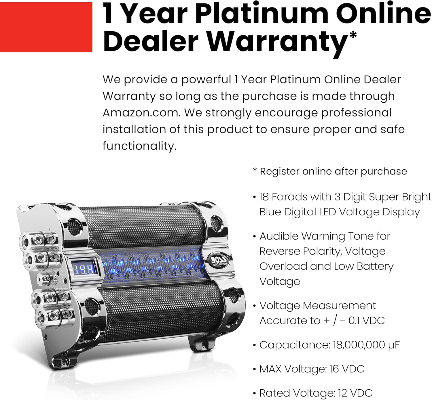 BOSS Audio Systems Cap18 - 18 Farad Car Capacitor For Energy Storage To Enhance Bass Demand From Audio System, Audible Warning Tone For Reverse Polarity, Voltage Overload Low Battery Voltage Led