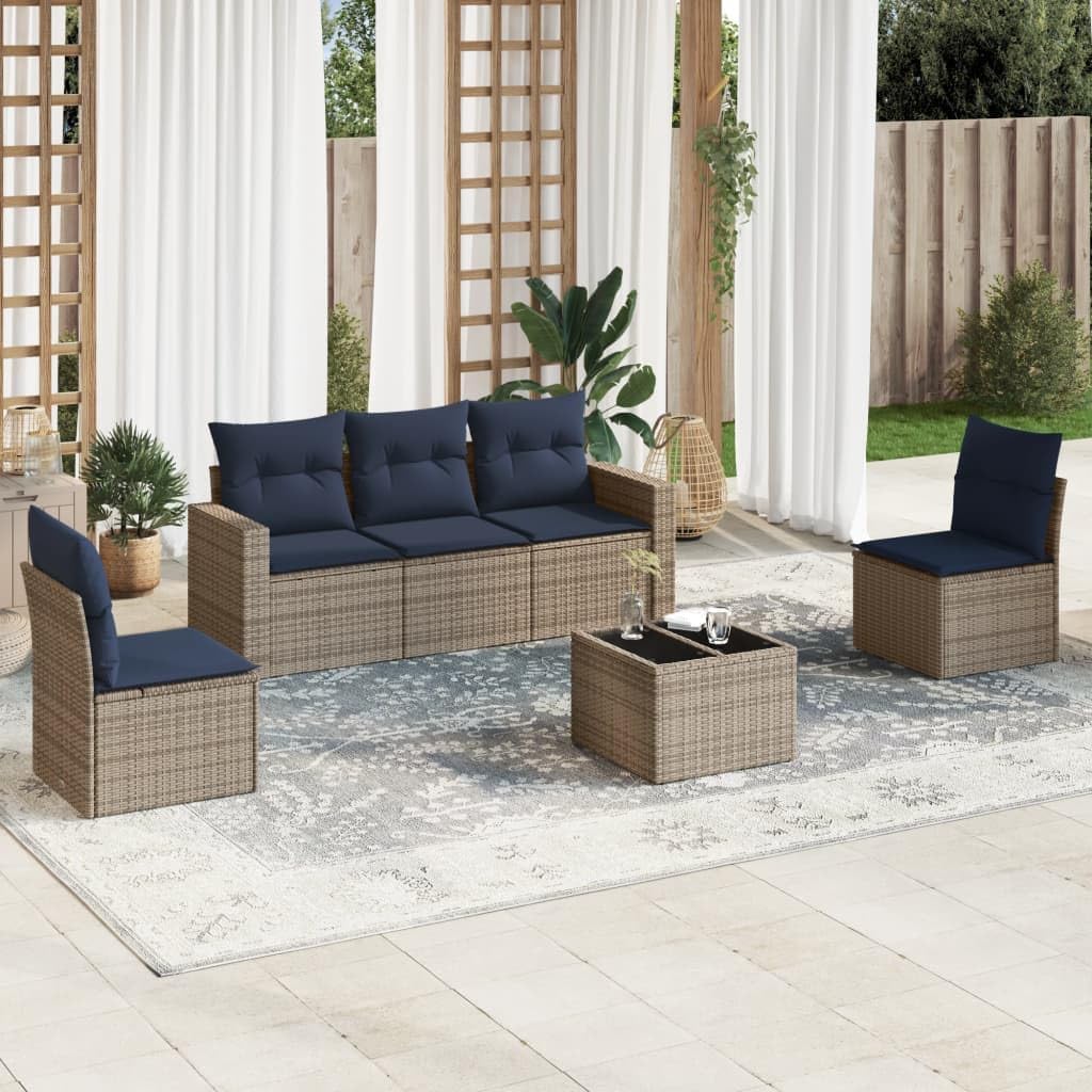 6 Piece Patio Sofa Set with Cushions, Gray Poly Rattan Outdoor Furniture, Modular Design with Tempered Glass Tabletop for Backyard, Balcony