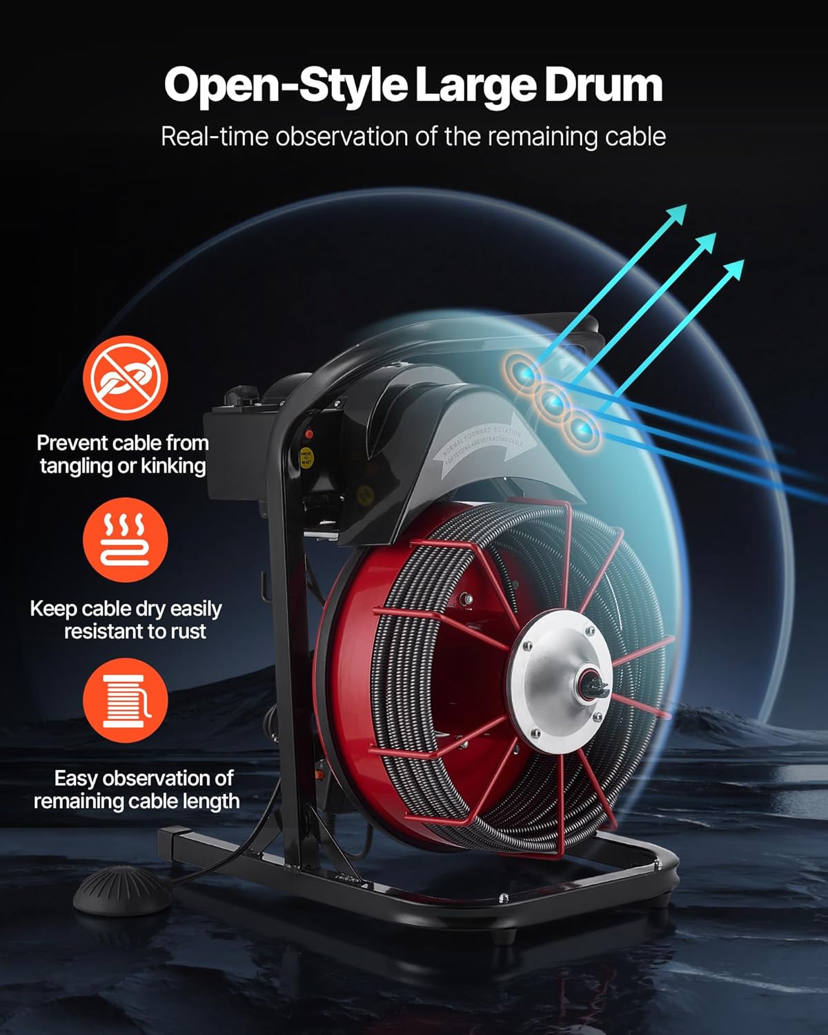 VEVOR Drain Cleaner Machine 75 FT x 1/2 Inch, Sewer Snake Auger Manual Feed with 4 Cutters & Air-activated Foot Switch for 2