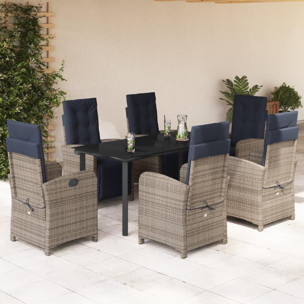 Furniture Sets 7 Piece Patio Dining Set with Cushions Gray Poly Rattan,Comfortable Outdoor Patio Dining Set with Adjustable Backrests and Washable Cushions Garden Conversation Sets