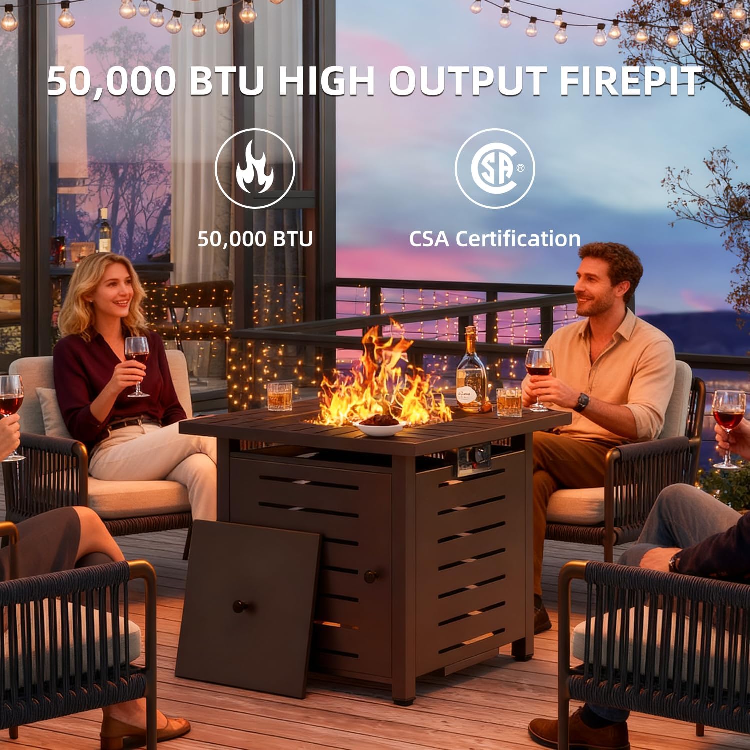 Aoxun 28 Inch Propane Fire Pit – 50,000 BTU Square Outdoor Gas Fire Pit Table for Outside, 2 in 1 Fire Table with Lava Rocks & Lid for Backyard, Patio, Deck, Garden