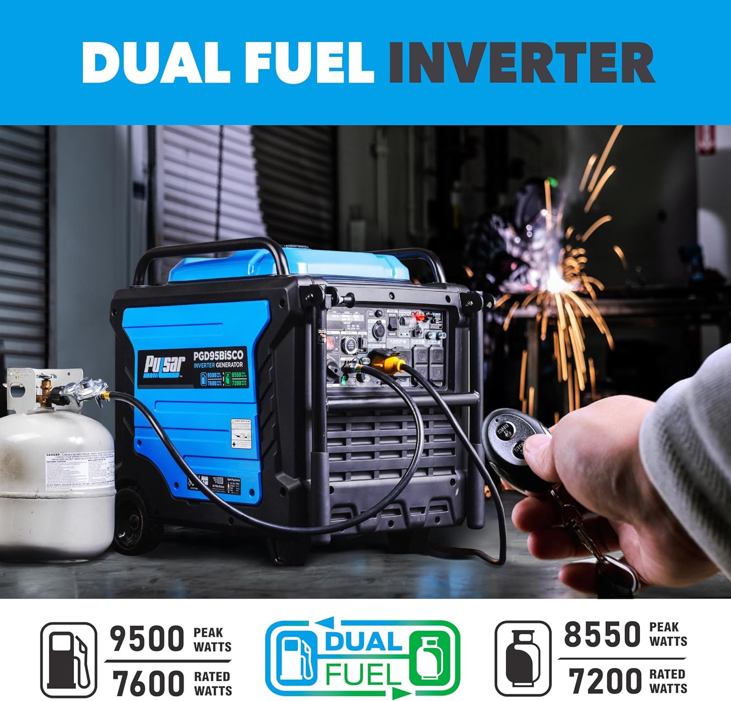 Pulsar PGD95BISCO Super Quiet Dual Fuel 9500W Home Use Backup Portable Inverter Generator With Remote Control and electric start (CO, low battery and low oil Shutoff), RV ready