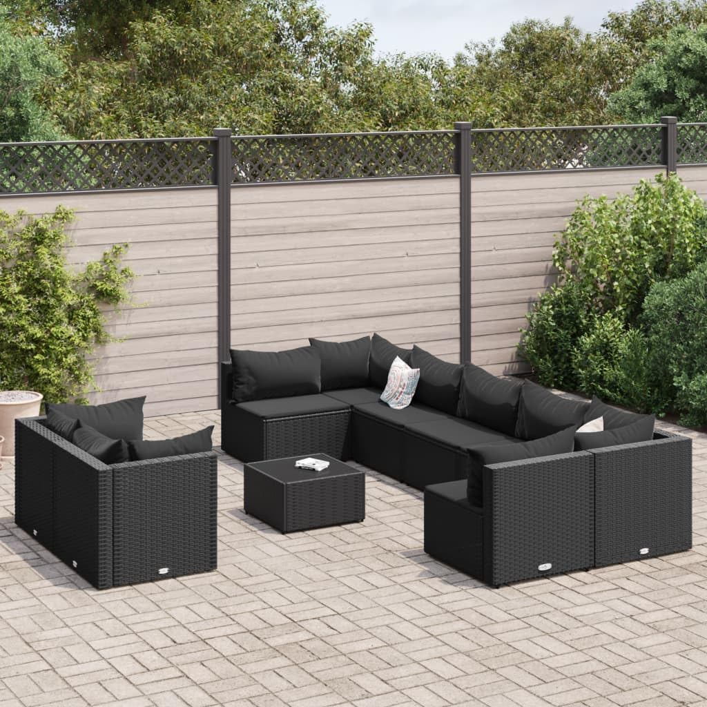 Furniture Sets 10 Piece Patio Sofa Set with Cushions Black Poly Rattan,Modern Patio Sofa Set: Durable Rattan, Comfortable Cushions, Modular Design Garden Conversation Sets
